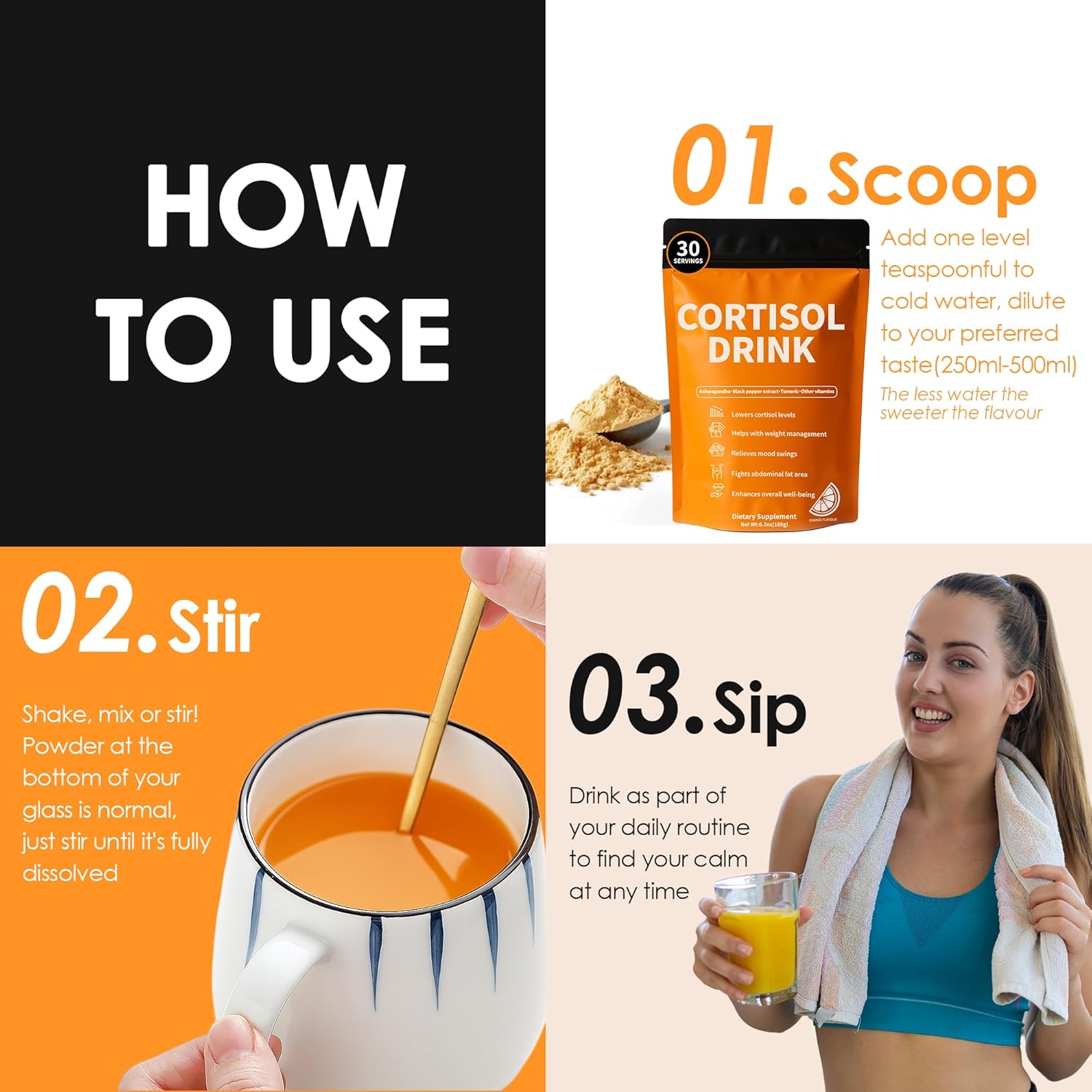 Cortisol Drink Powder - Natural Cortisol Supplements for Ashwagandha, L-Theanine, Turmeric Root, Black Pepper Extract, Relaxation, Focus, Mental Clarity