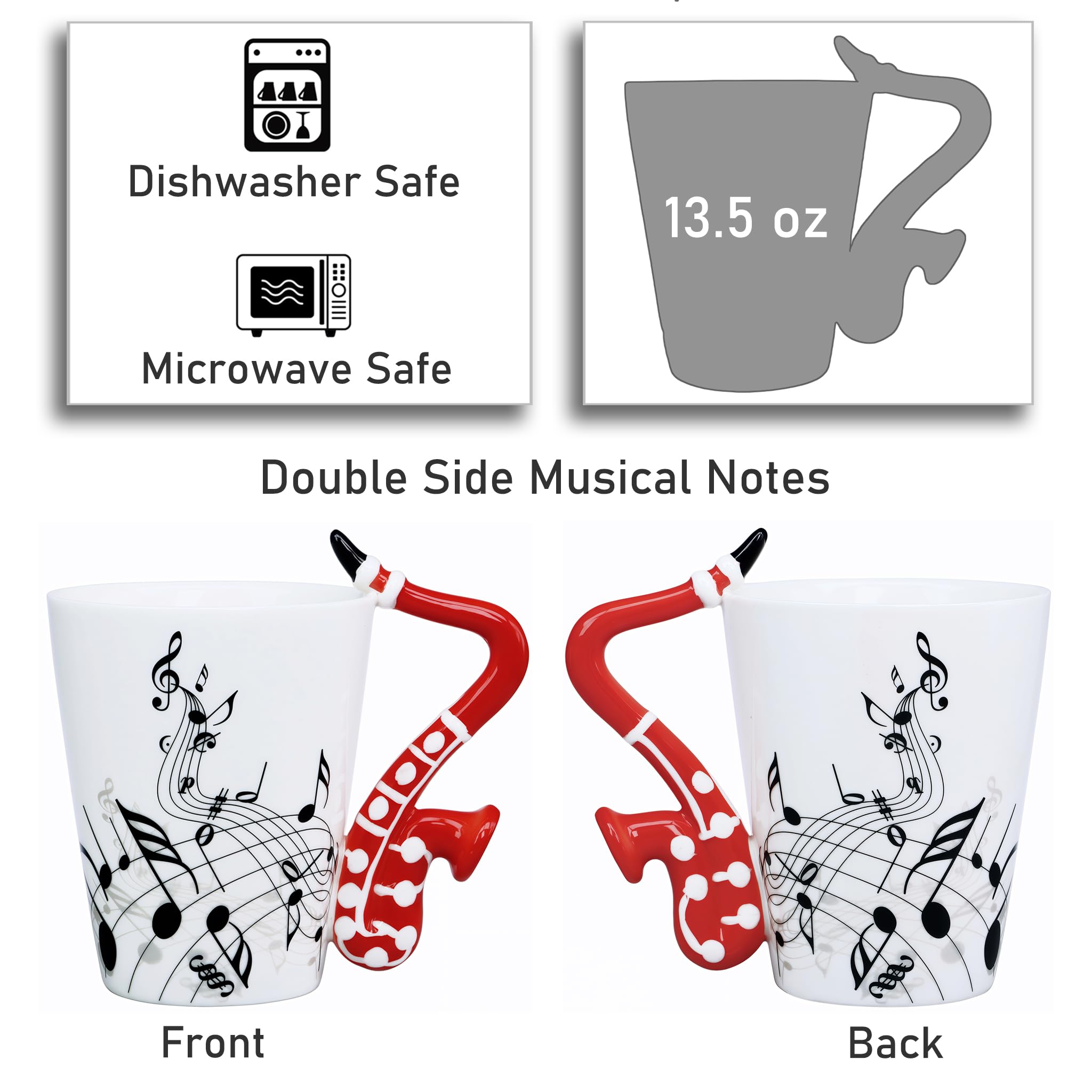 Sax Mug Sax Coffee Mug Gift for Saxophone Players Musician - 13.5 oz Saxophone Cup Gifts for Music Lovers - Music Coffee Mugs Birthday Christmas Gifts for Men Women(Red)