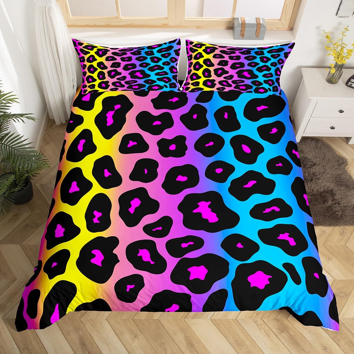 Homewish Cheetah Print Quilt Cover,Neon Leopard Duvet Cover Cot for Kids Boys Girls,Ombre Gradient Bedding Set,Animal Texture Bed Set with 1 Pillowcase Bedroom Decor