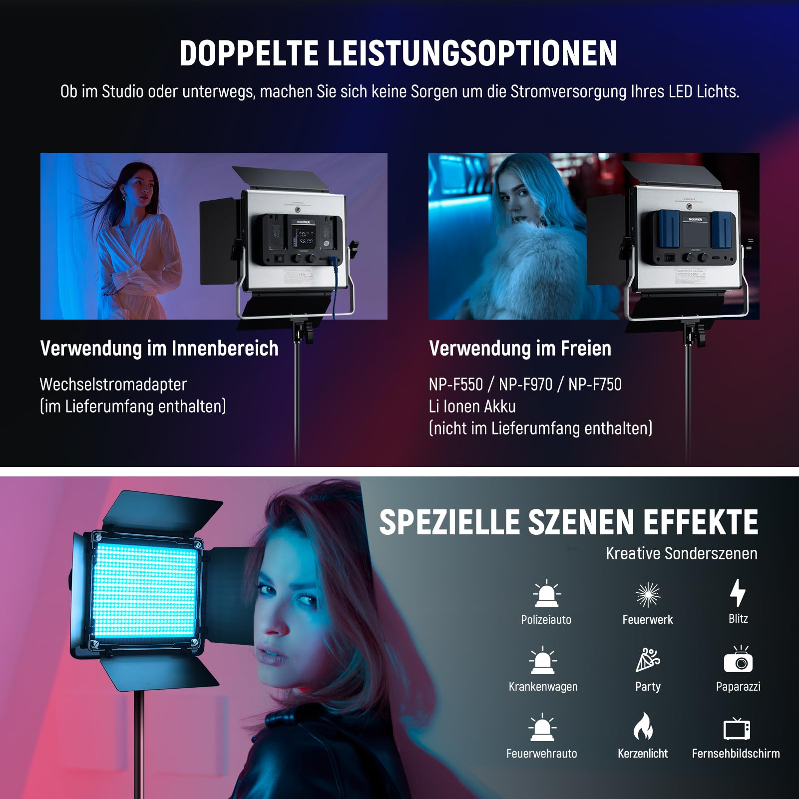Neewer 2X Verbesserte 660 PRO II 50W RGB LED Videoleuchte Panel Set Stative Ständer mit App Steuerung Videolicht 360° Vollfarbe Video Fotolicht/CRI97+/3200K~5600K Studio Dauerlicht Fotografie Film – Bild 7