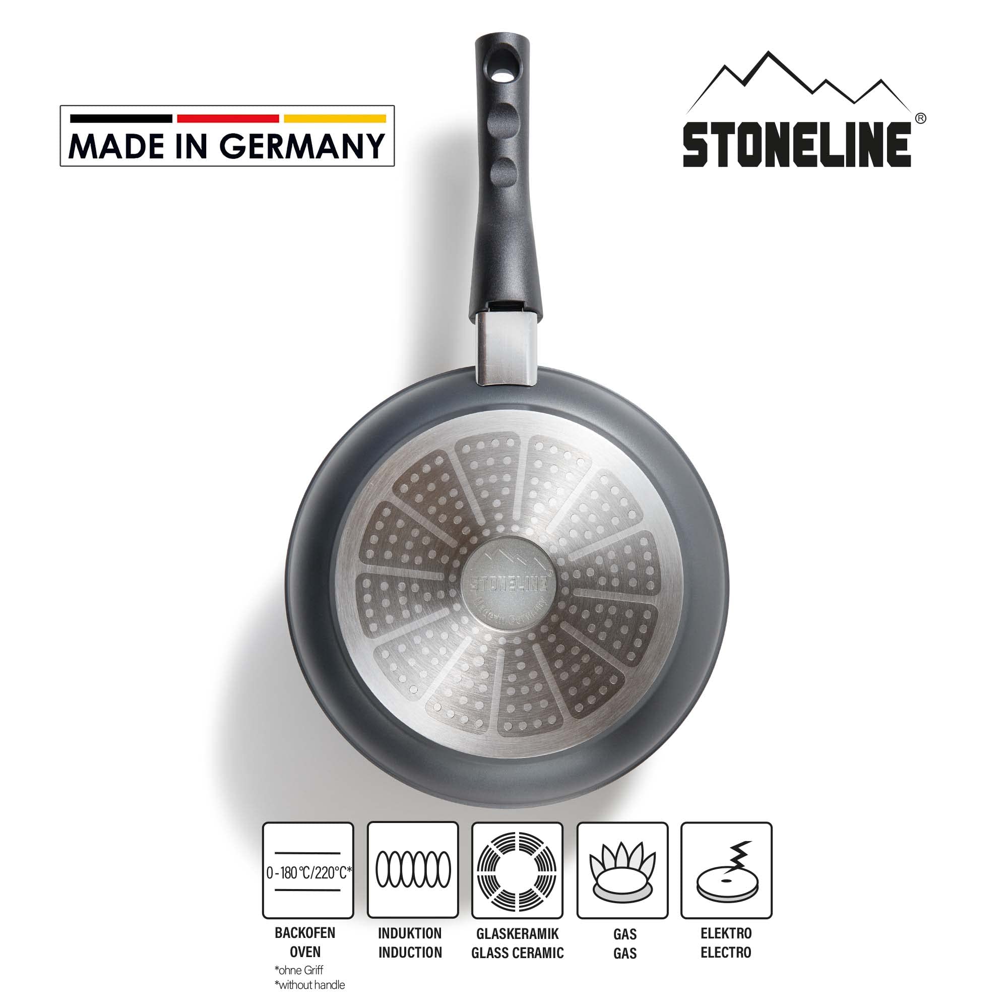 STONELINE Flex Made in Germany Bratpfanne 24cm, mit abnehmbarem Griff, antihaft beschichtete Pfanne mit echten Steinpartikeln, alle Herdarten inkl. Induktion, fettfreies Braten