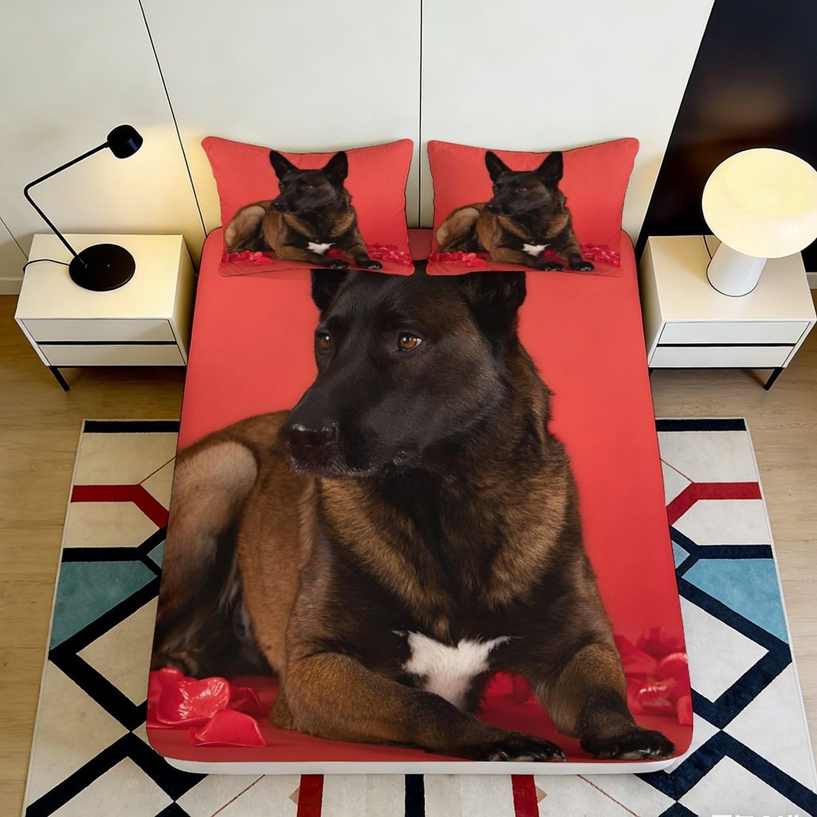 3D Printed Brown Dog Fitted Sheet Microfiber Anti-Slip Mattress Cover Red Bedroom Decor Easy Care for All Ages 90x200x25cm