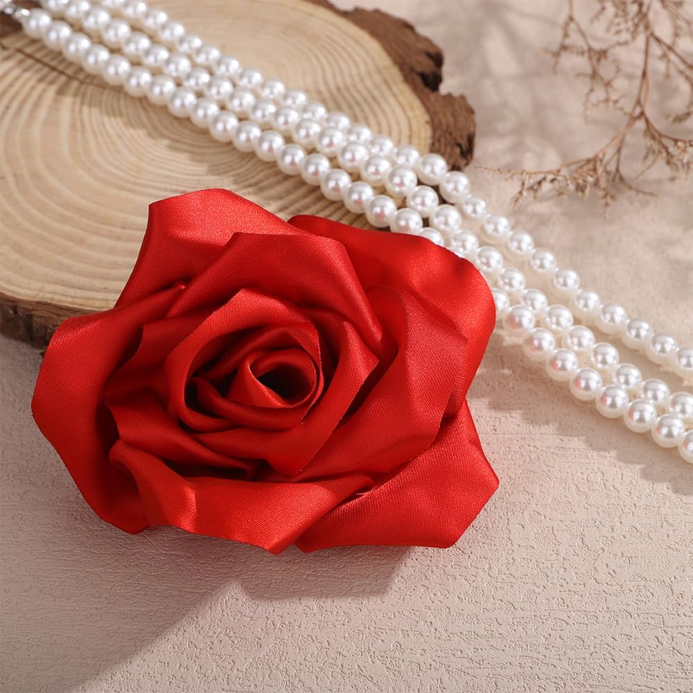 Kercisbeauty Chiffon Rose Flower Pearl Choker Necklace for Women Special Occasion Dancing Ball Banquet Pearl Jewelry with Petal image 3