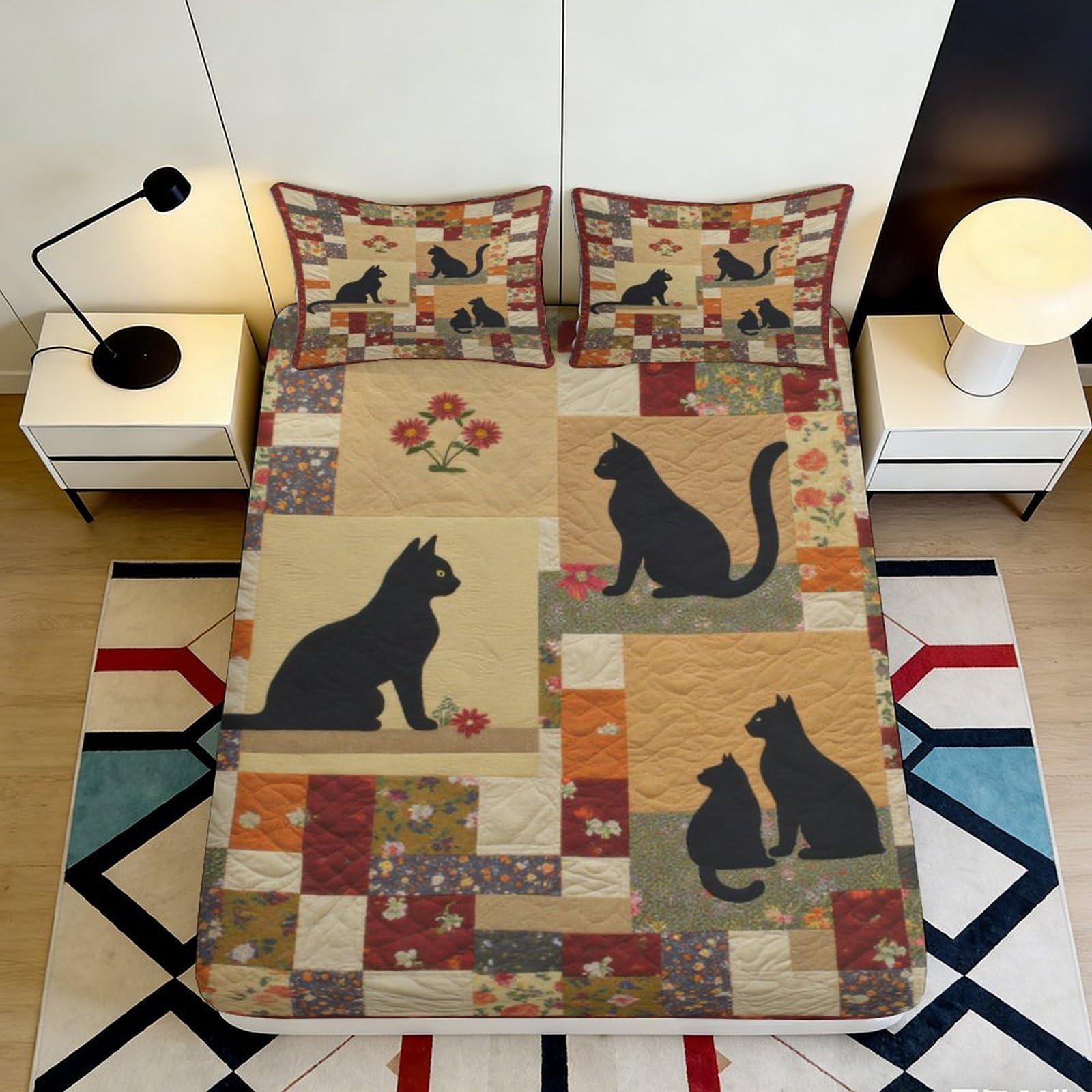3D Printed Cat Silhouette Fitted Sheet Microfiber Patchwork Bed Cover for Bedroom Dorm Easy Care Decor 90x200x25cm