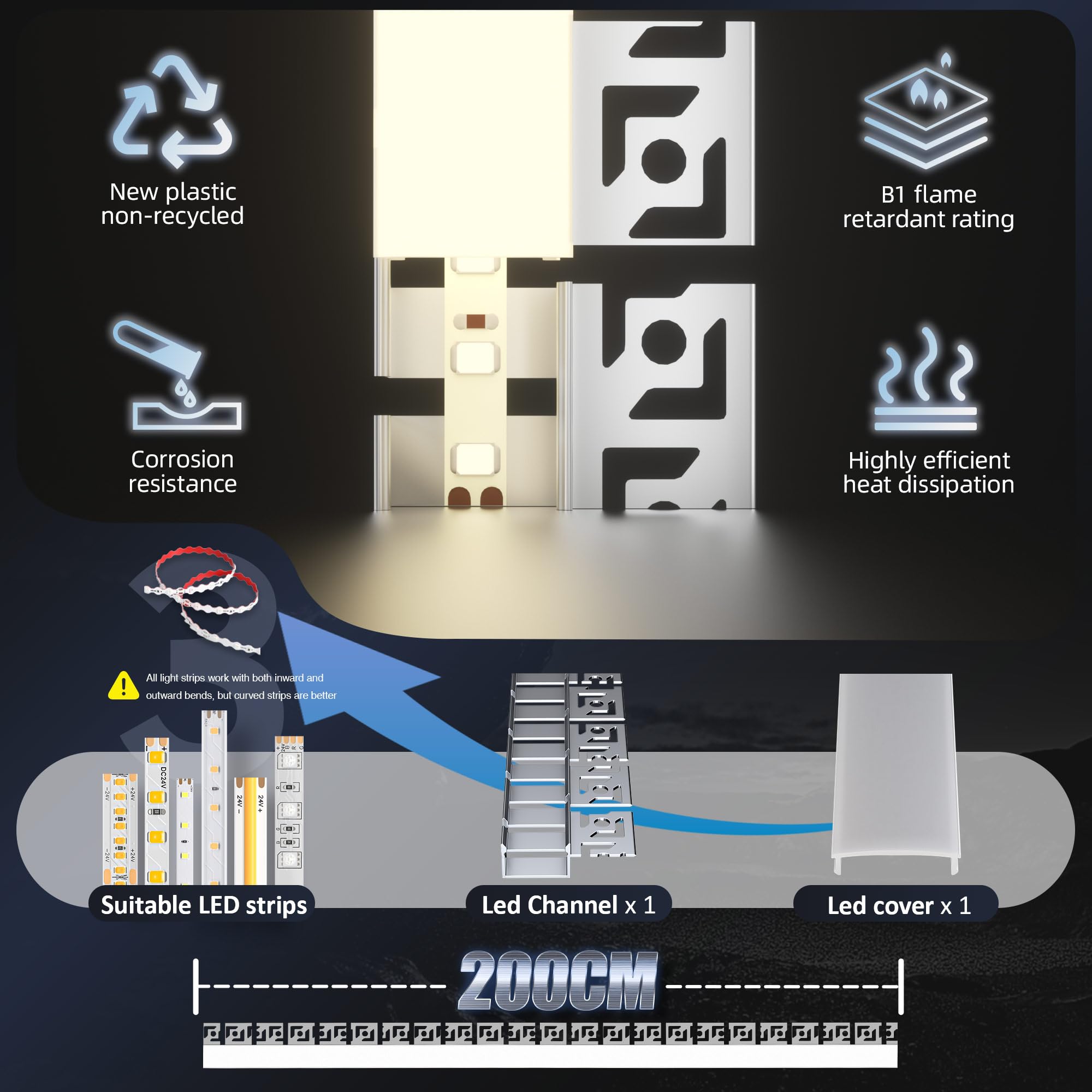 Perfil LED empotrable flexible de 2 m (2000 × 40 × 12,5 mm) de aluminio, compatible con tira LED de 18 mm, difusor de silicona, fácil instalación, ideal para curvas y líneas rectas (10)