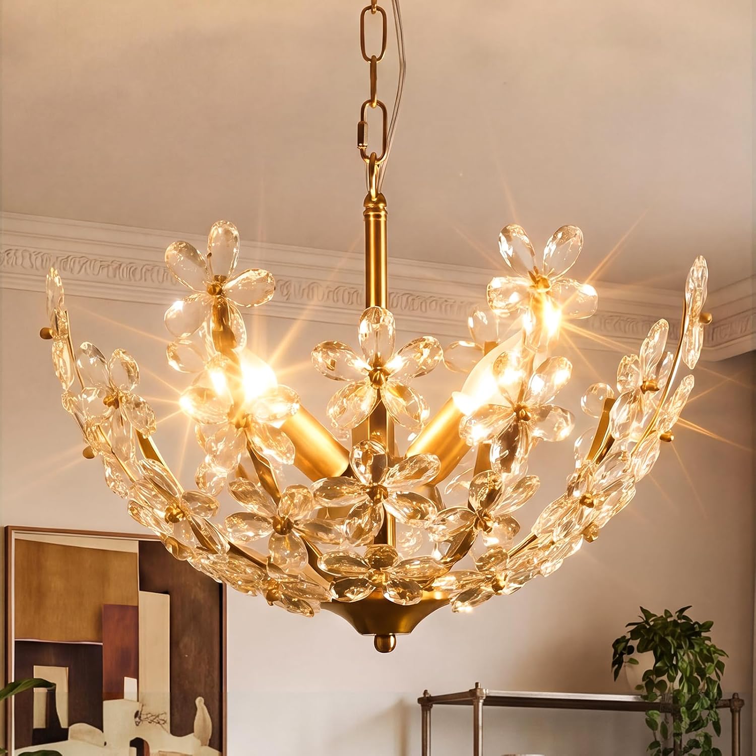 Gold Crystal Chandelier for Dining Room, Modern Crystal Pendant Light for Kitchen Island, 3-Light Vintage Crystal Chandelier for Hallway Bedroom Closet