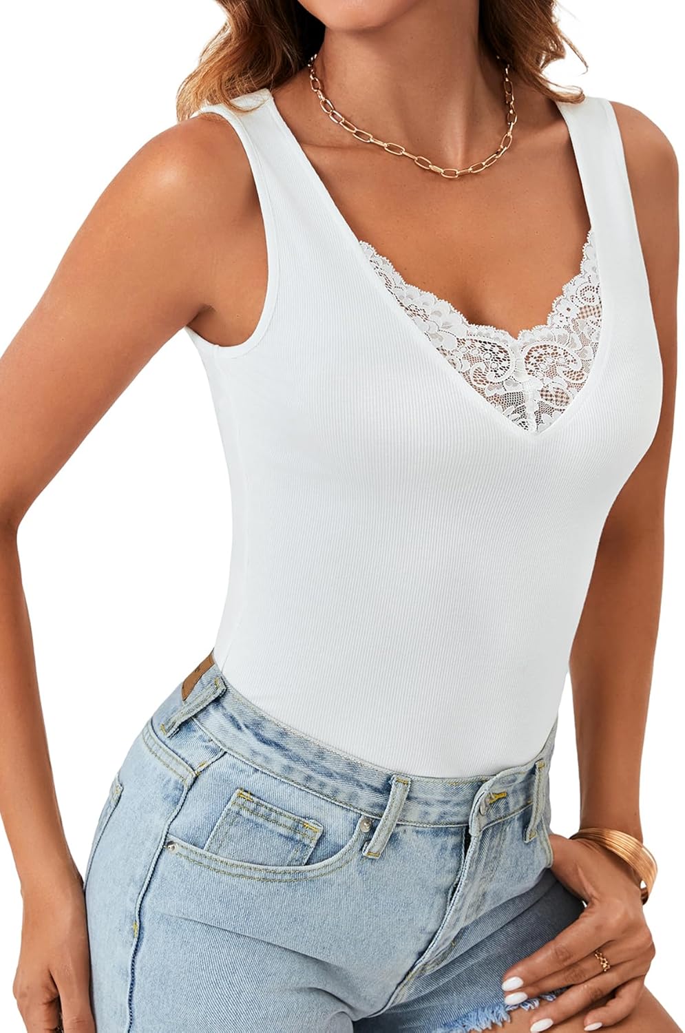 Vrtige Women's Sexy Lace Deep V Neck Sleeveless Blouse Ribbed Knit Slim Fitted Tank Top - Image 4