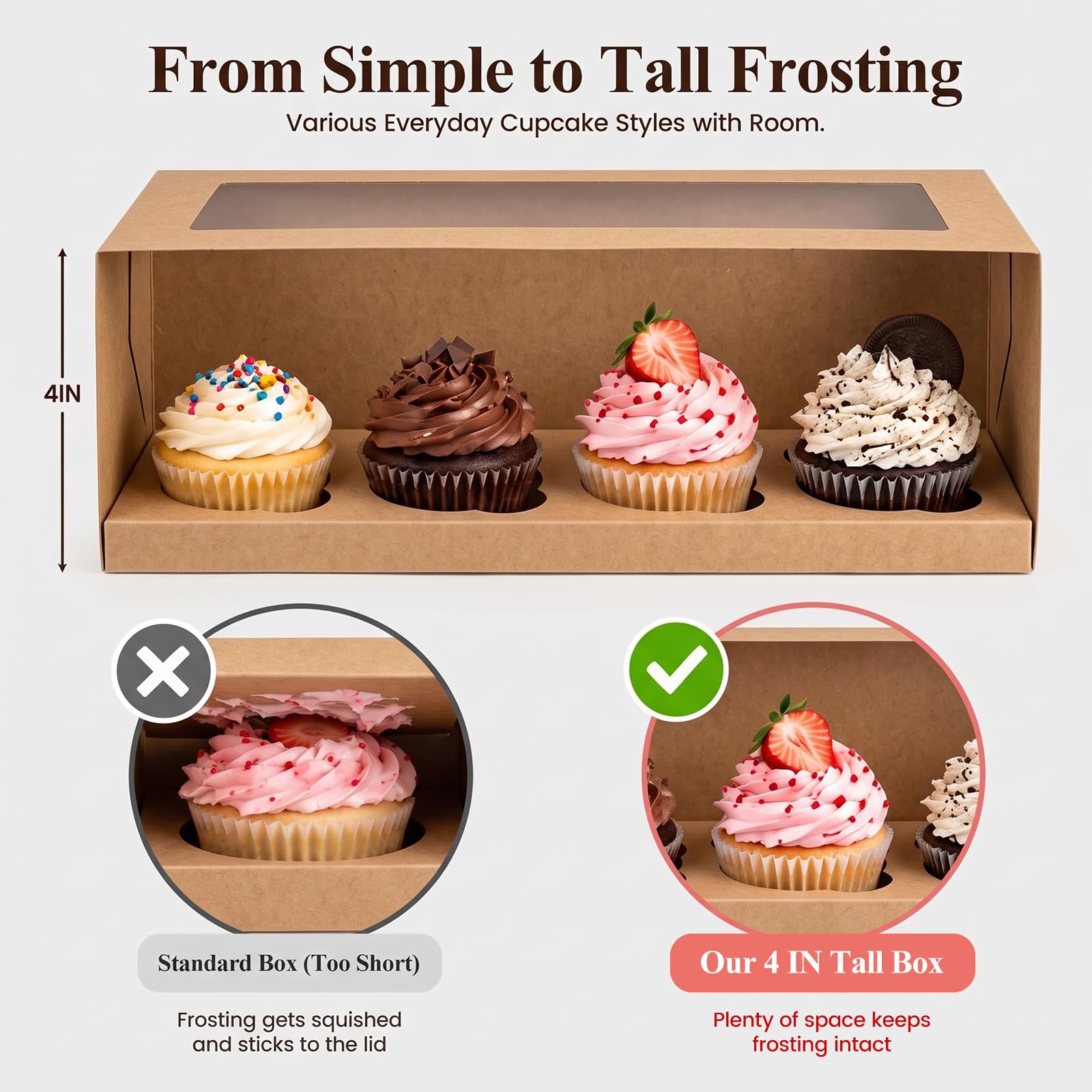 VGOODALL Auto Pop-Up Kraft Cupcake Boxes with Window, 3 Pack 12 Count