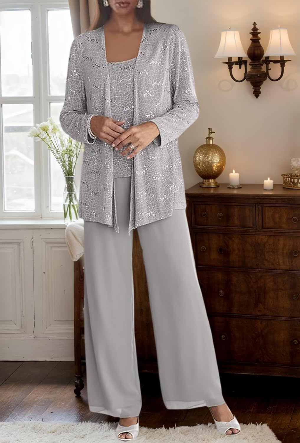 3 Pieces Chiffon Mother of The Bride Pant Suits Sparkly Sequin Formal Wedding Outfits for Women