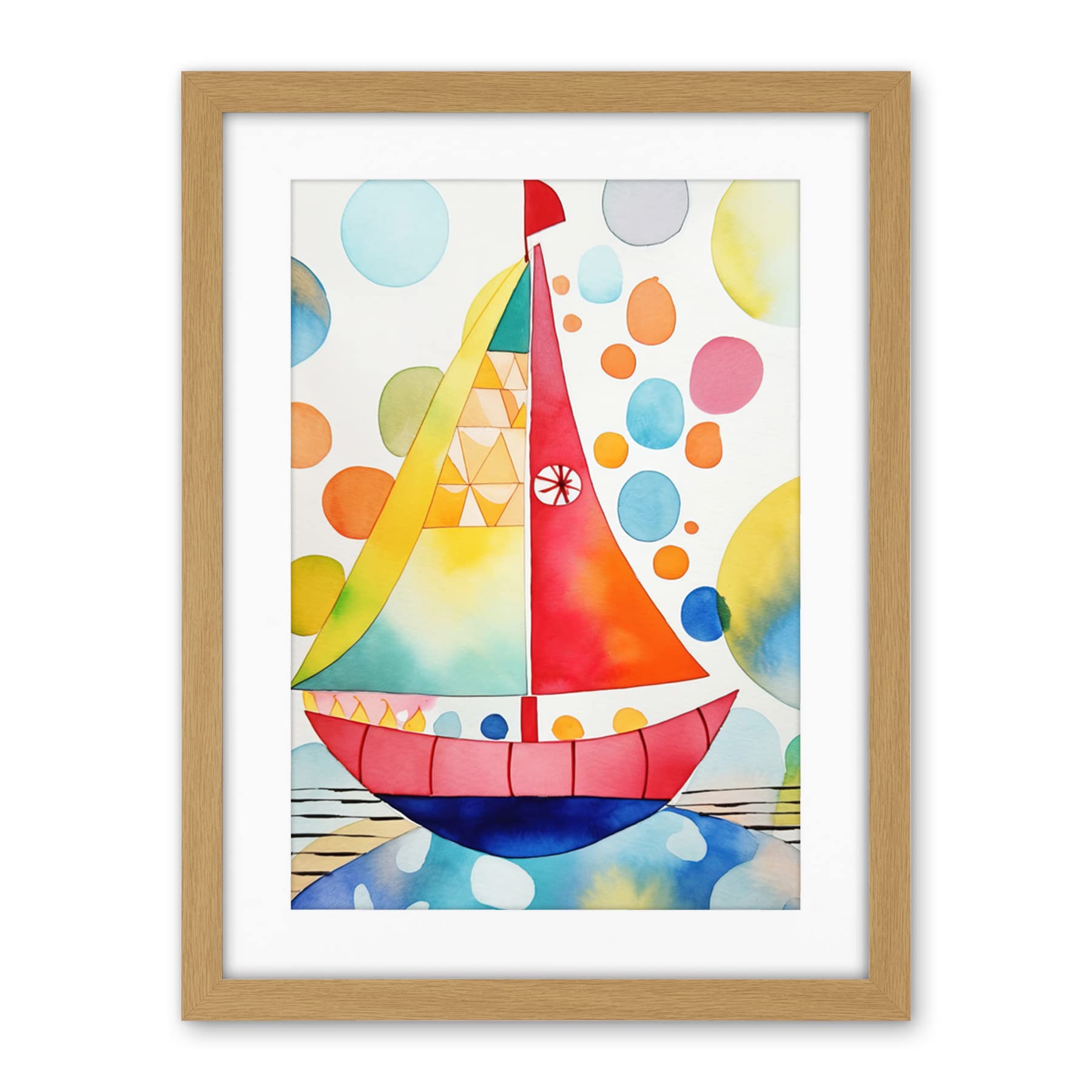 Artery8 Sailboat At Sunset Folk Art Artwork Framed Wall Art Print 18X24 Inch