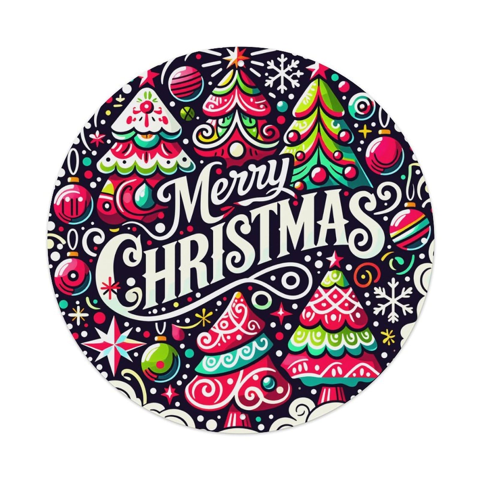 Lzwbntey Vintage Colorful Christmas Trees Ornaments Snowflakes Metal Tin Sign Retro Wall Decor For Home Bar Garage Cafe, Indoor & Outdoor Decorative，Circle Metal Poster, 8X8 Inch