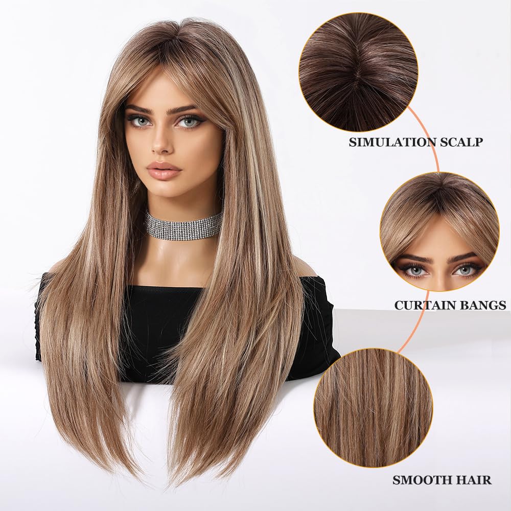 Esmee Długie Proste Popielate Blond Peruki Damskie Syntetyczne Włosy Naturalne Odporne na Temperaturę Peruka Ombre do Codziennego Użytku, na Imprezy i do Cosplayu
