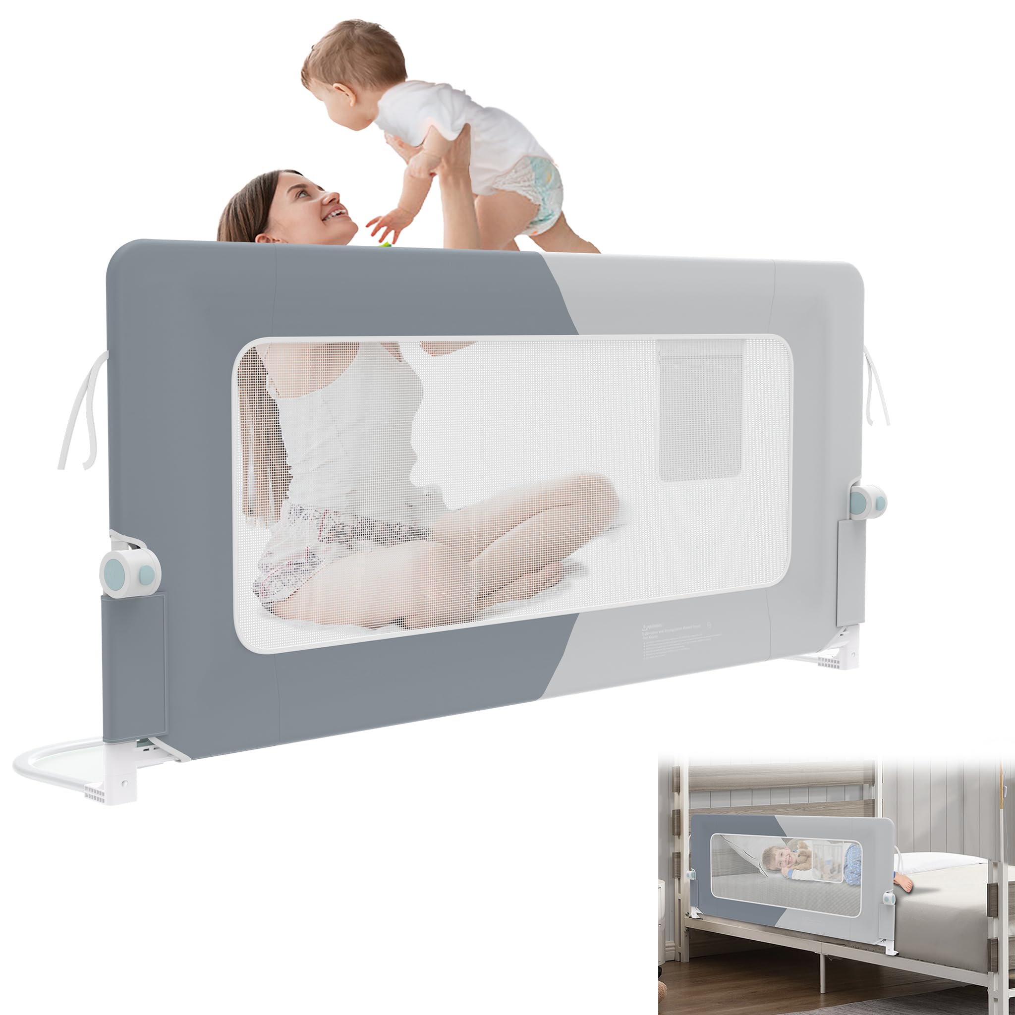 YRHome 150cm Bettgitter Rausfallschutz klappbar 180 Grad drehbar Bettschutzgitter für Kleinkinder luftiges Netz, Höhenverstellbar Rausfallschutz Bett für Kinderbett, Elternbett (Dunkelgrau+Hellgrau)