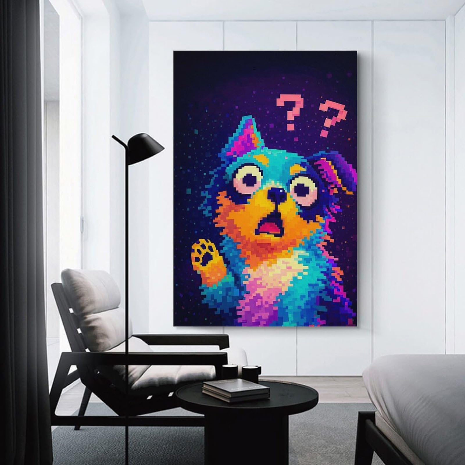 Junmoney Pixelated Dog with Question Marks Canvas Art Print, 24x36inch(60x90cm), for Restful Interiors, Bedrooms Or Small Rooms, A Warm Accent for Relaxed Interiors