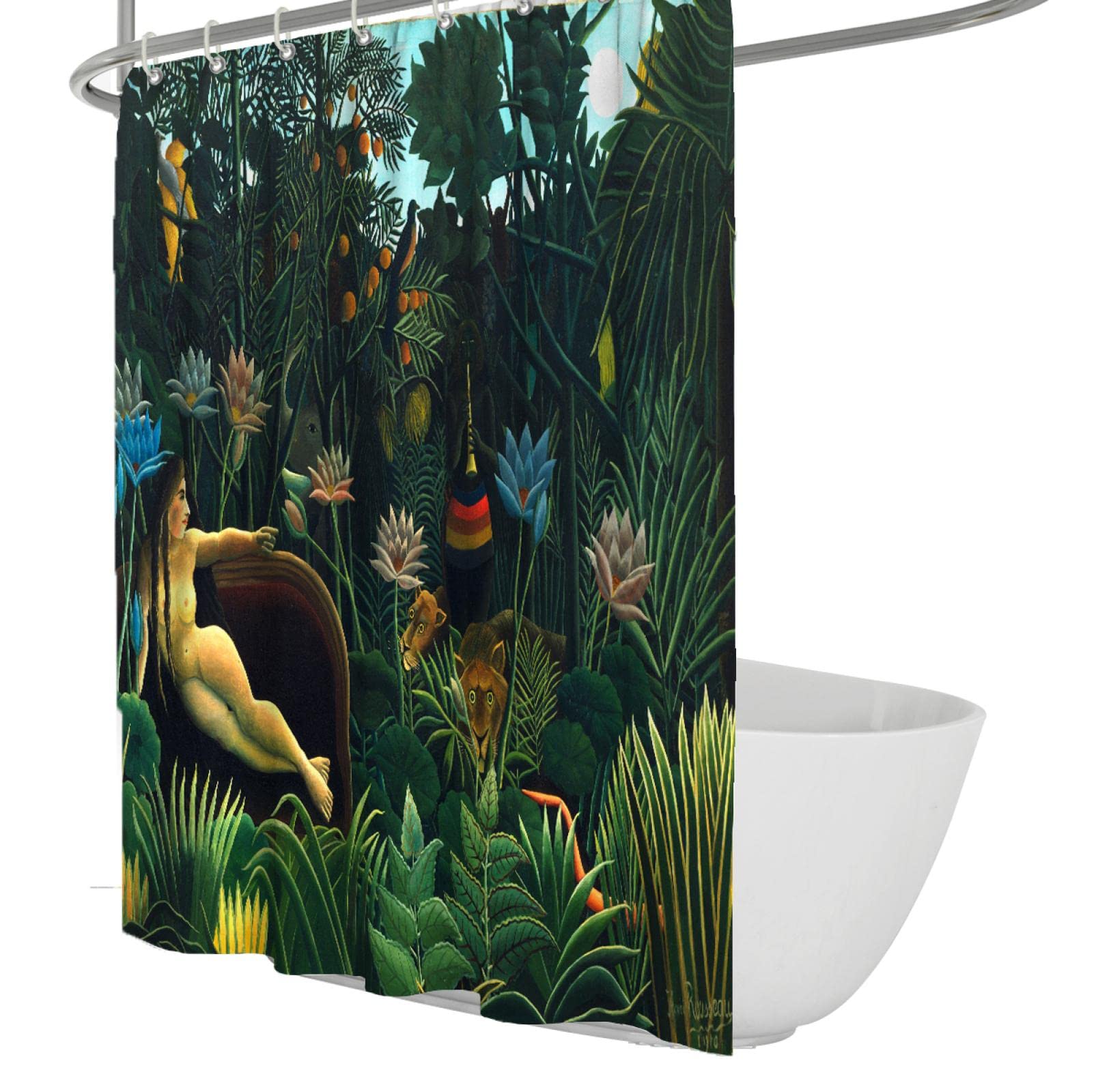 Henri Rousseau Zestaw zasłon prysznicowych z haczykiem Oryginalny design Tropical Plant Theme Rustykalny wystrój domu Zachowaj łazienkę suchy wodoodporny materiał 200x200cm