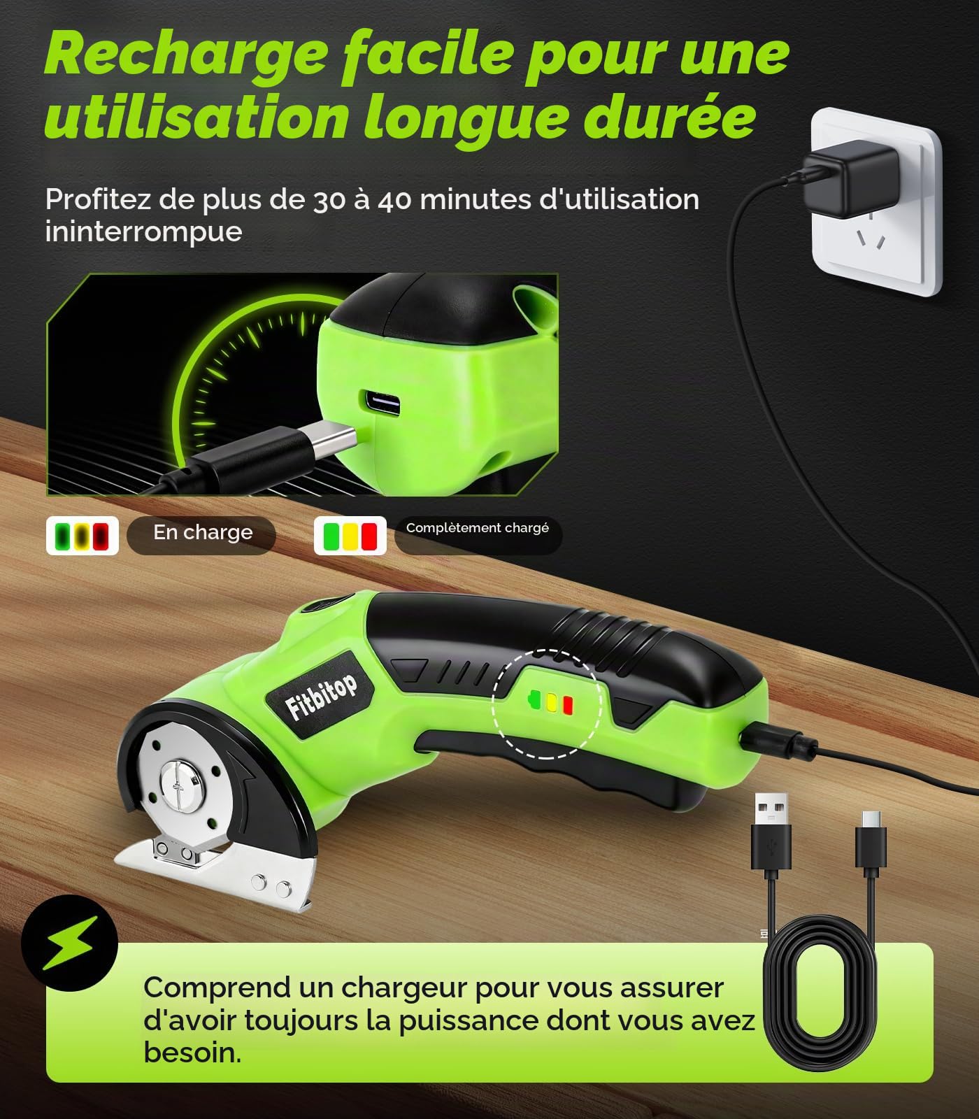 Ciseaux électriques rotatifs sans fil pour carton - Lame auto-affûtante - Coupe le cuir, le PVC, la moquette et le carton