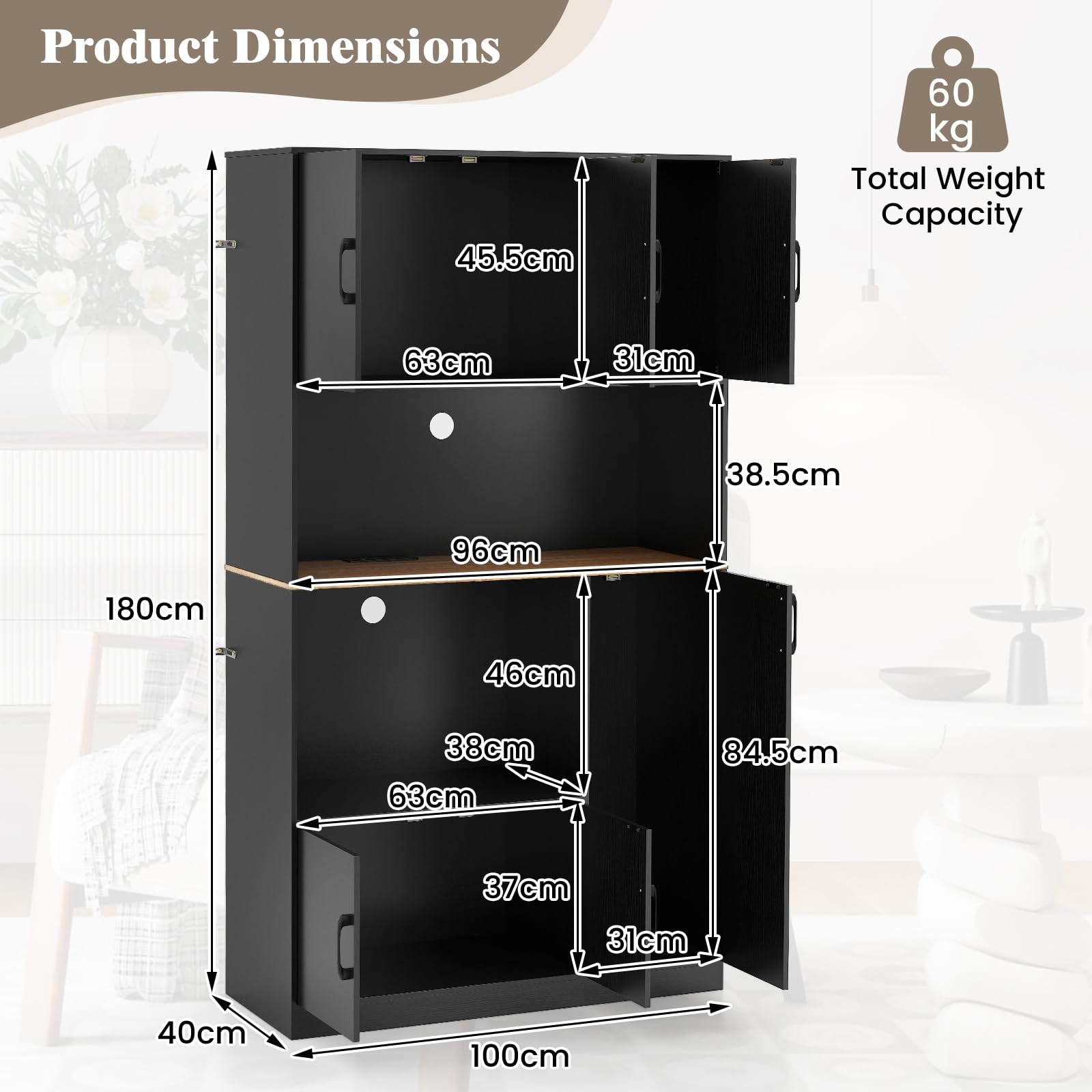 GIANTEX Küchenschrank mit Ladestation, Buffetschrank mit Steckdosen & Type C- & USB-Anschlüsse, Küchenbuffet Hochschrank mit Mikrowellenfach, Aufbewahrungsschrank Küche Mehrzweckschrank 100x40x180 cm