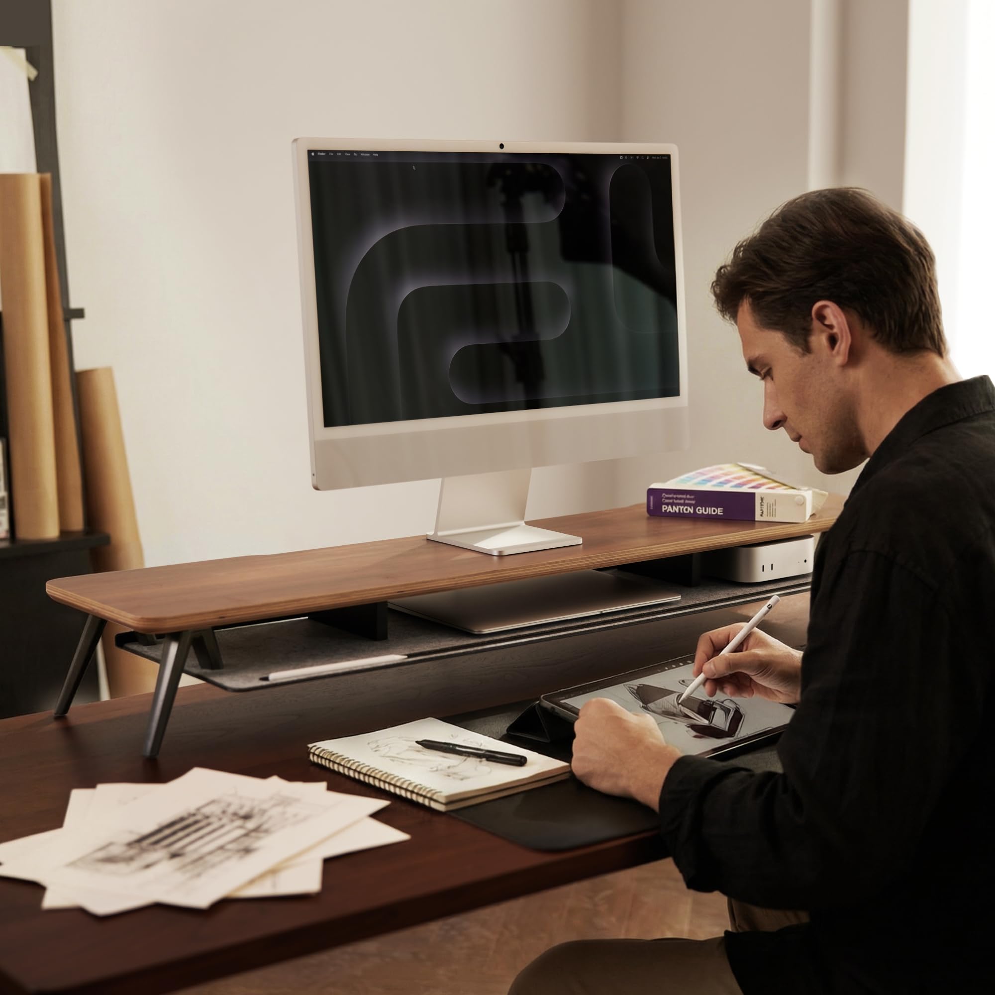 Fenge Monitorständer, 108cm, Mehrschicht-Massivholz, Laptop PC TV, Braun | 2 Geräte, Bis 45kg, Ablagefach für Telefon/Tablet/Stift, Kabel-Mgmt. Filz-bezogen, Alufüße, Bildschirm Schreibtisch Büro Home