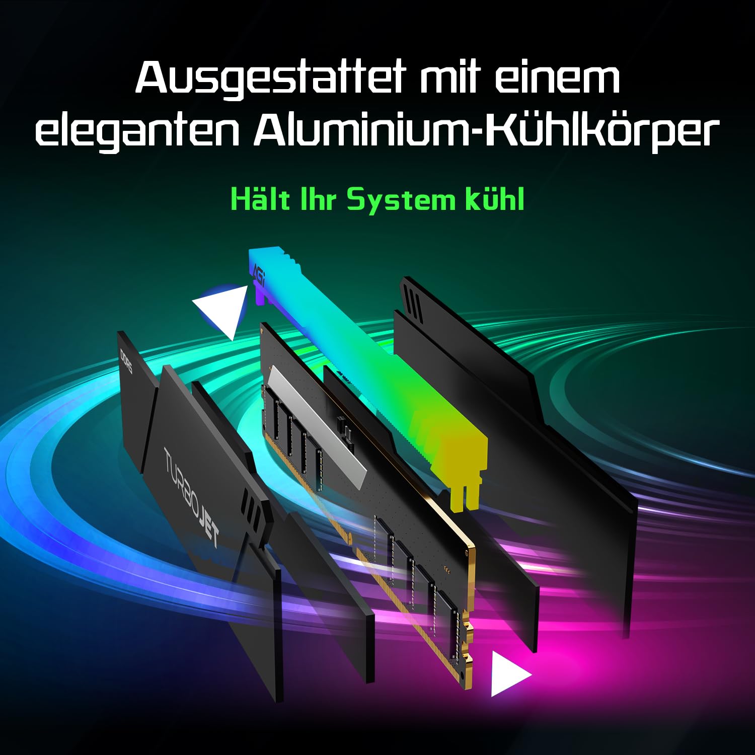 AGI UD858 TURBOJET RGB 32GB Kit 2x16GB DDR5 6400MHz UDIMM PC RAM Noir | Latenz CL36, 288-Pin, Desktop-Arbeitsspeicher kompatibel mit AMD EXPO und Intel XMP. Optimiert fuer PC Gaming