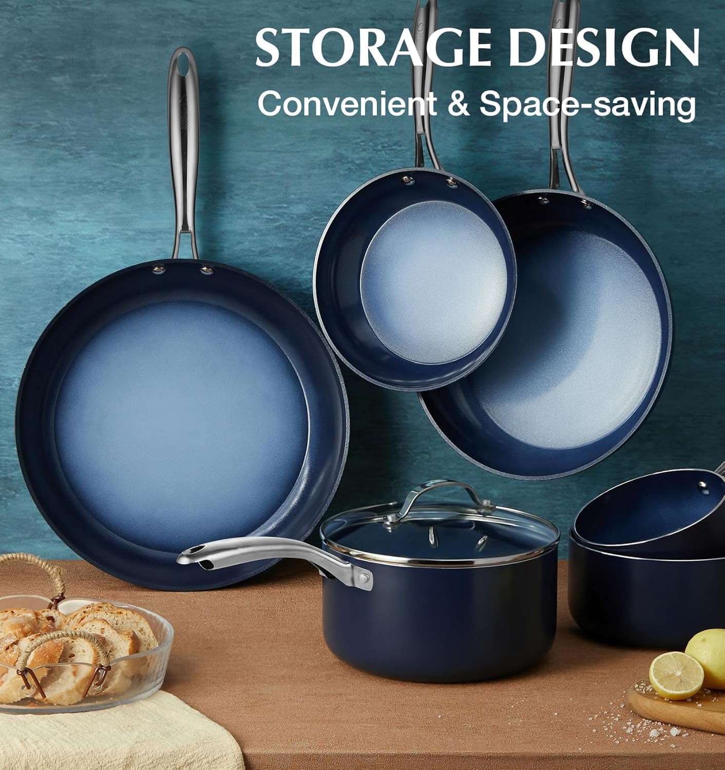 KOCH SYSTEME CS Non Stick Frying Pans, 8 & 10 Inch Pan with Non Toxic Ceramic Coatings, Omelet Pans, Oven Safe, Induction Compatible, Gradient Blue