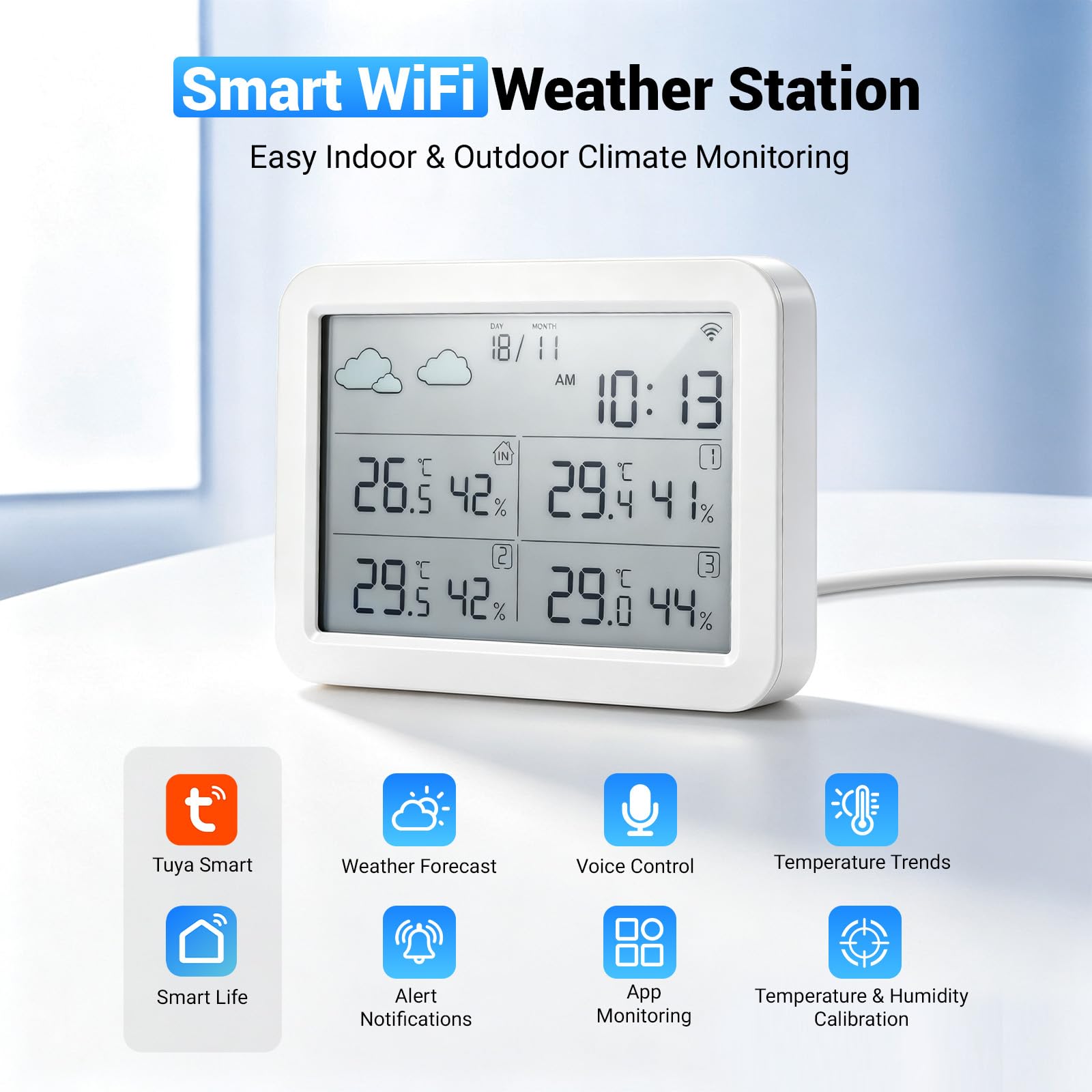 Station météo Wi-Fi avec capteur extérieur, station météo avec 3 capteurs extérieurs, thermomètre intérieur et extérieur LCD, thermomètre de température et d'humidité, application Tuya/Smart Life