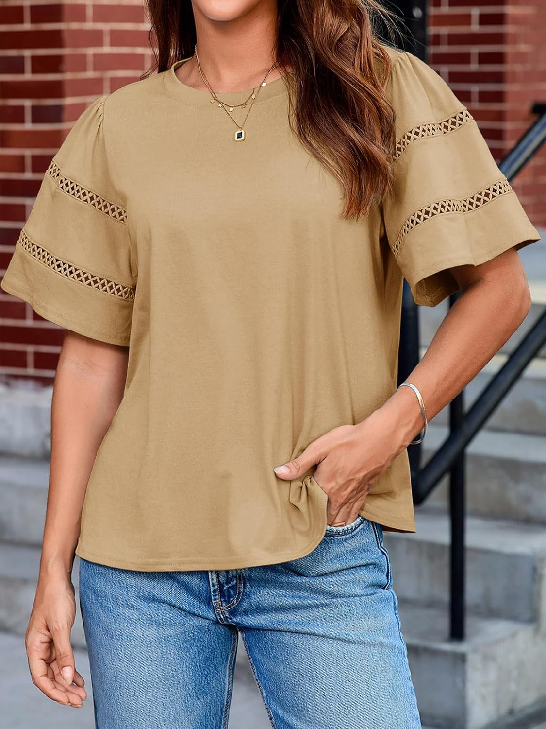 Tankaneo Womens Eyelet Short Sleeve Tops Trendy Casual Loose Fit Tunics Crewneck Summer T Shirts - Image 3