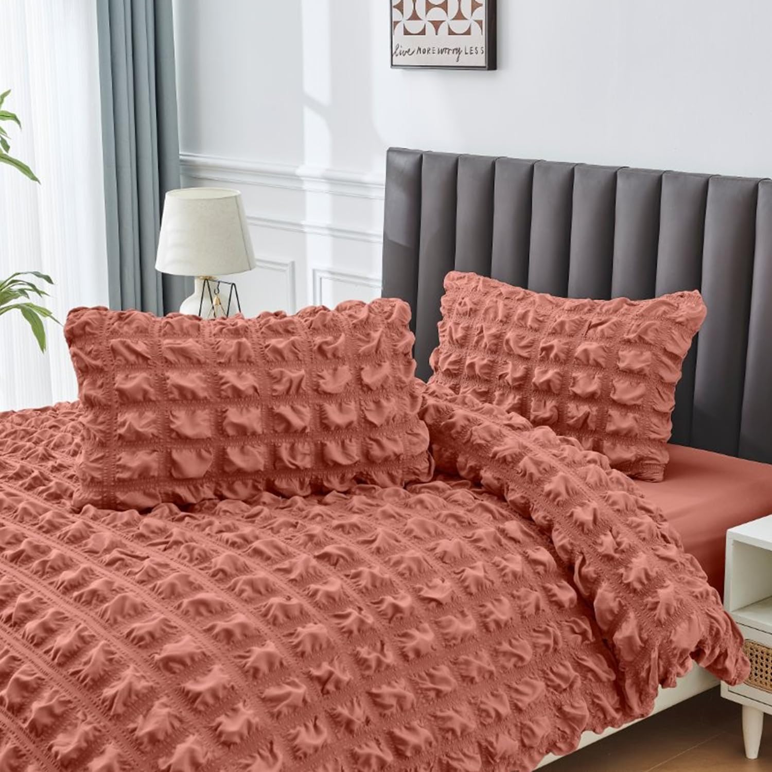 Lions Seersucker Bedding - Rust Orange Double Duvet Cover with Matching Pillowcase, 100% Polyester Soft Micorfibre Quilt Covers, Button Closure, 3 Piece Bed Linen Sets, 200x200cm