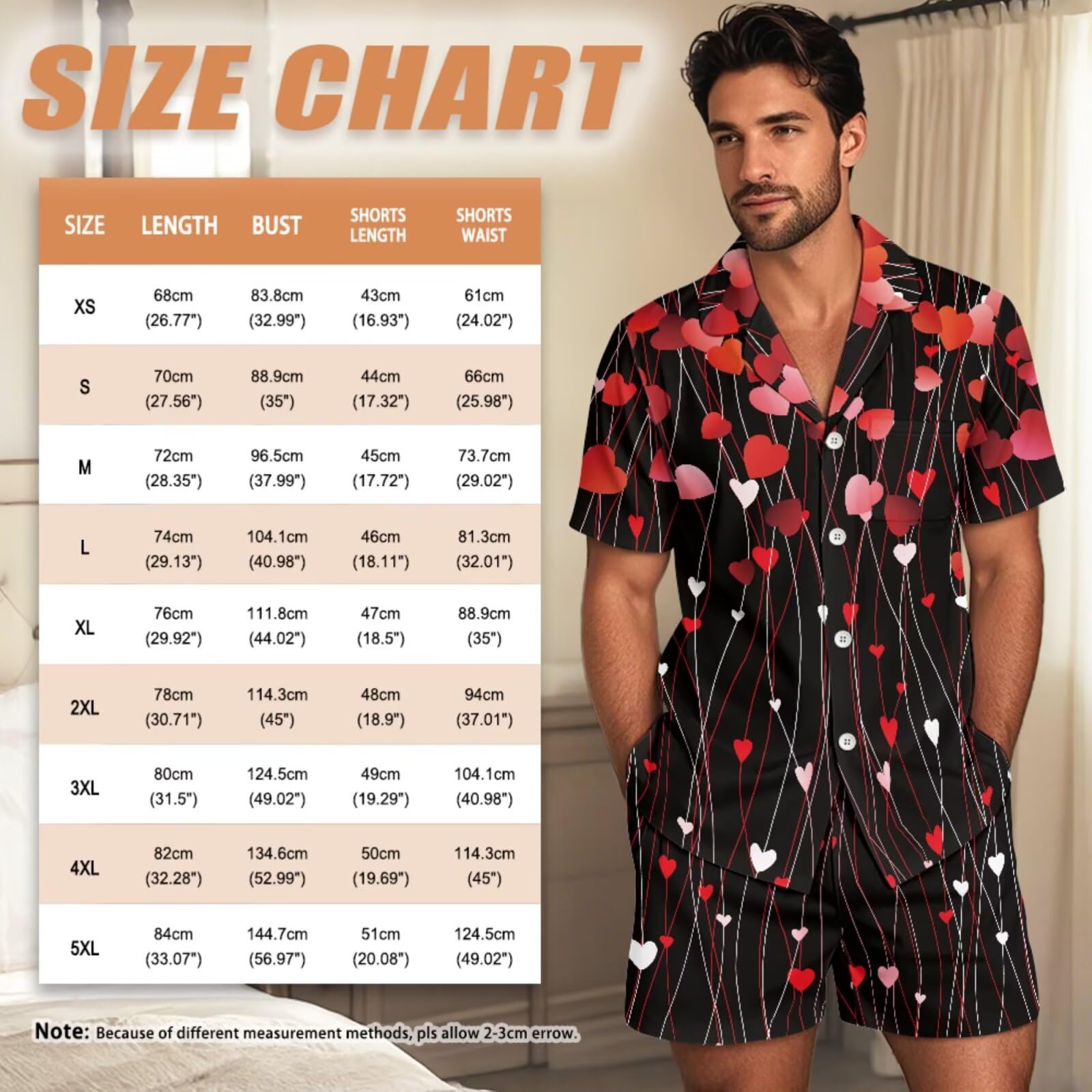 Conjunto de pijama a juego para parejas, de manga corta, con botones, ropa de dormir, Corazones rojos, M