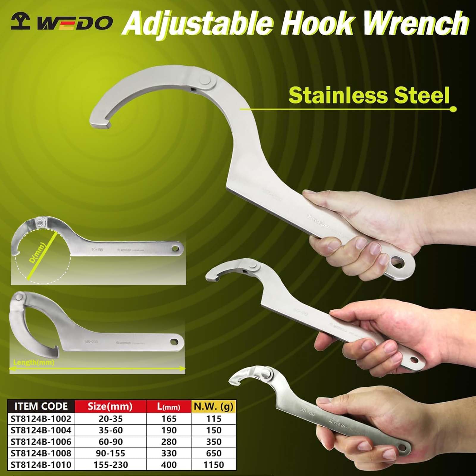 WEDO Llave de Gancho Ajustable C Llave Herramienta - 155-230mm,acero inoxidable,Inglesa Llave Sujeción Pinza C Gancho,Largo 400mm,resistente a la corrosión,forjada de una sola vez