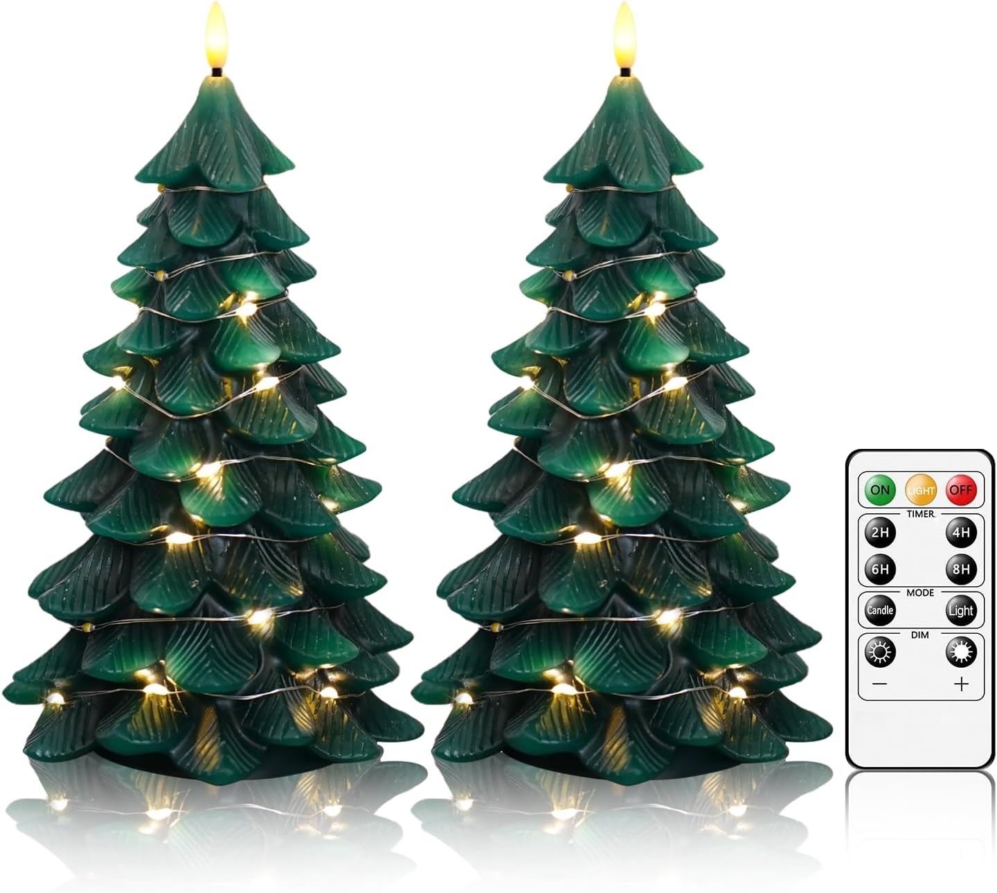 kakoya Christmas Tree Flameless Candles with Remote,2 Pcs Green Real Wax LED Flickering Candles Battery Operate with Embedded Star String for Home Decoration Christmas Gifts(D3 xH8.26)