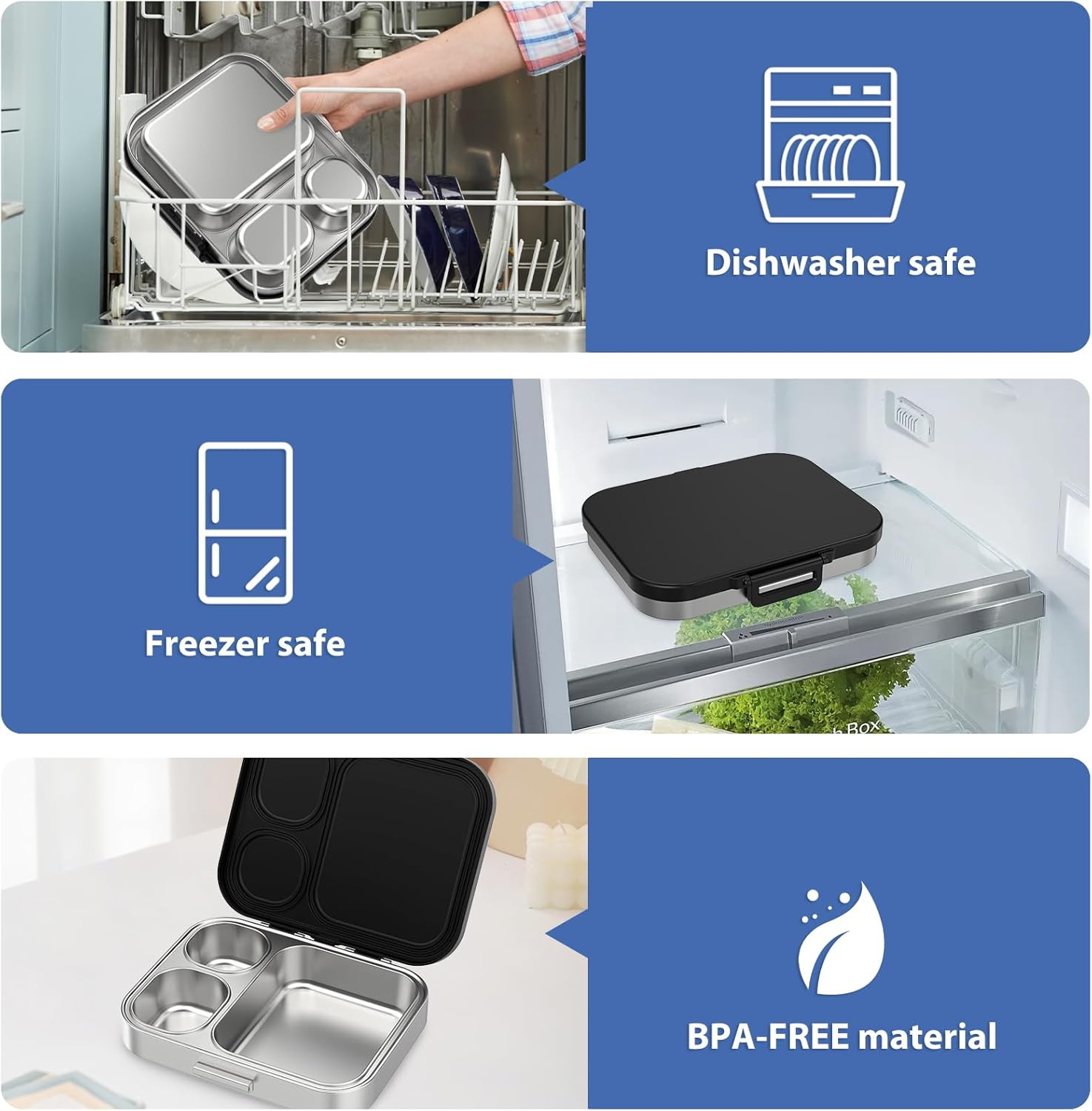 Stainless Steel Bento Lunch Box for Kids | 3-Compartment Lunch Box Container Kids | 100% Leakproof, Eco-Friendly, Perfect Portion Control for Kids&Adult Healthy Meals (Black) - Image 5