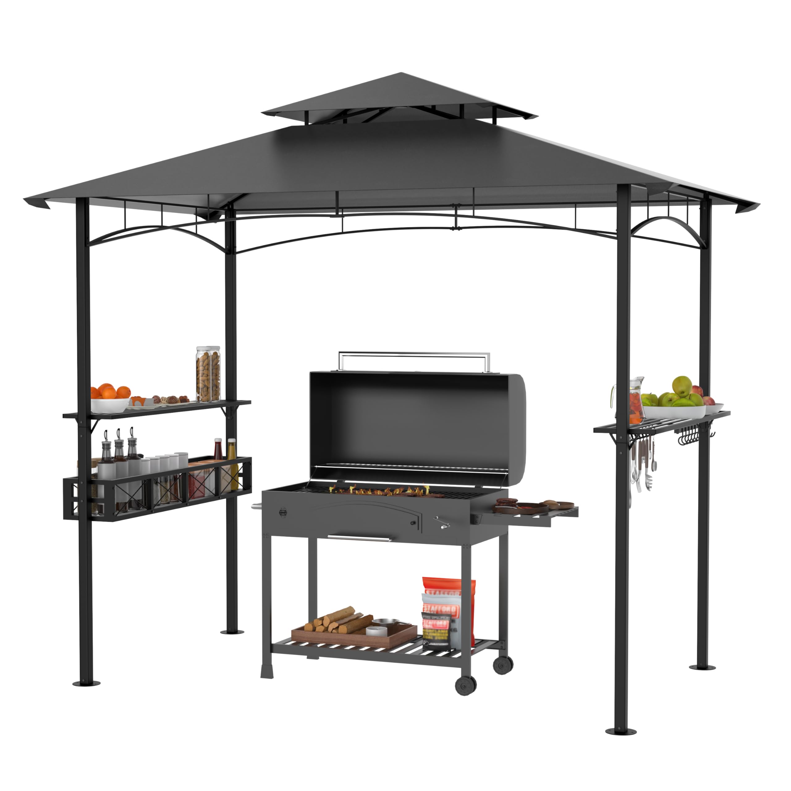 Pawilon grillowy z dwuwarstwowym dachem, 245 x 153 x 250 cm, odporny na działanie wody, ognioodporny, w zestawie kosz do przechowywania, pawilon BBQ na imprezy grillowe, do ogrodu i na taras, szary
