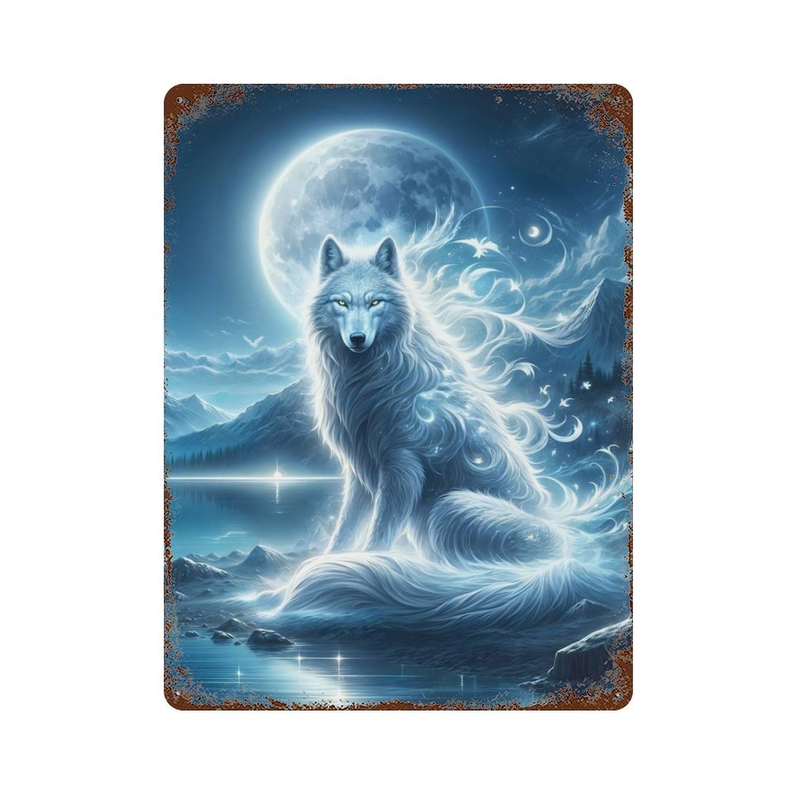 Garage Style Mystical Wolf Vintage Rust Metal Sign 15.7"x11.8", Retro Wall Decor for Bar And Workshop