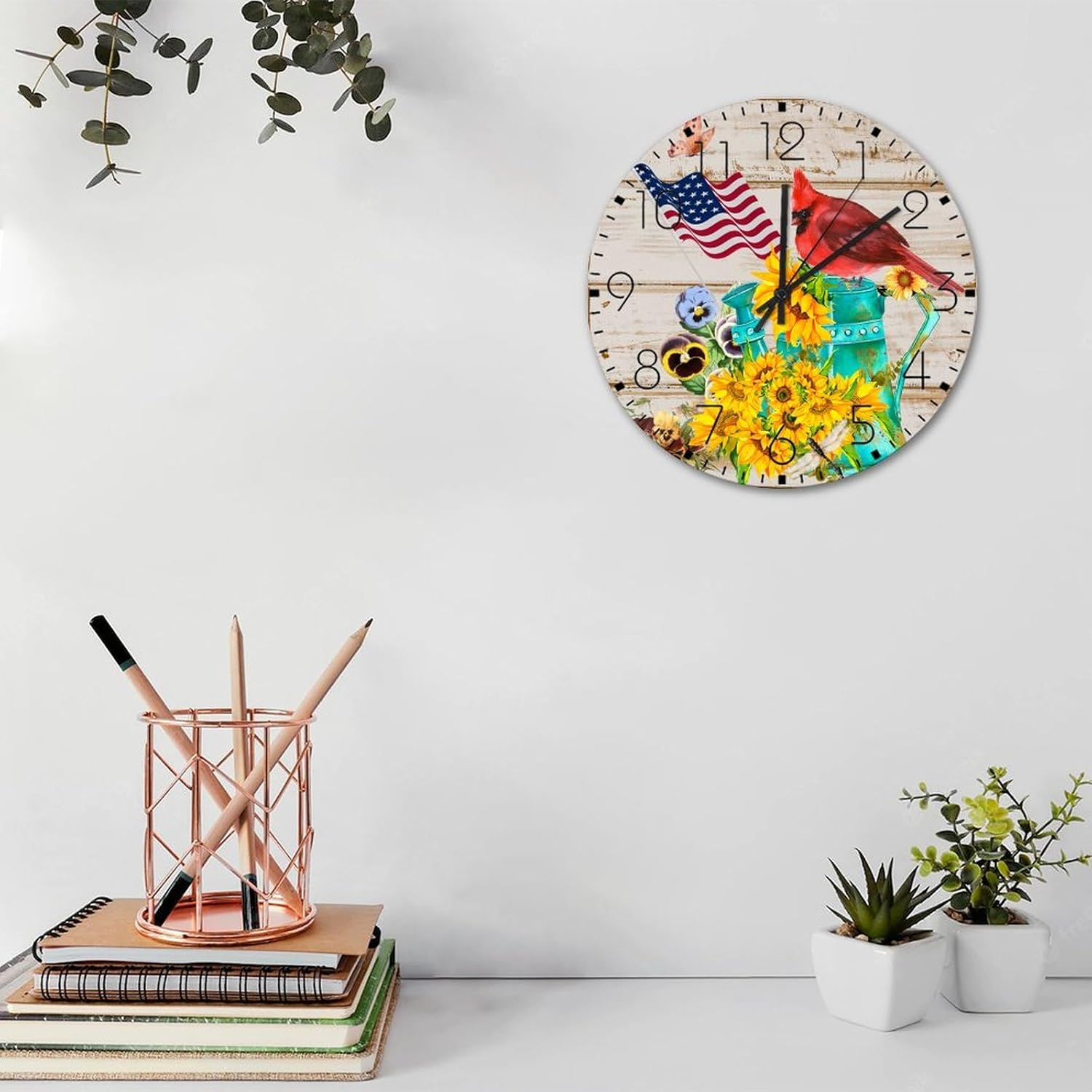 Wood Wall Clock Round Silent Non-Ticking 4th of July Patriotic Sunflower Cardinal Beautiful Wall Clocks American Flag Autumn Summer Wooden Wall Decor for Girls Room School Pool 10 Inch