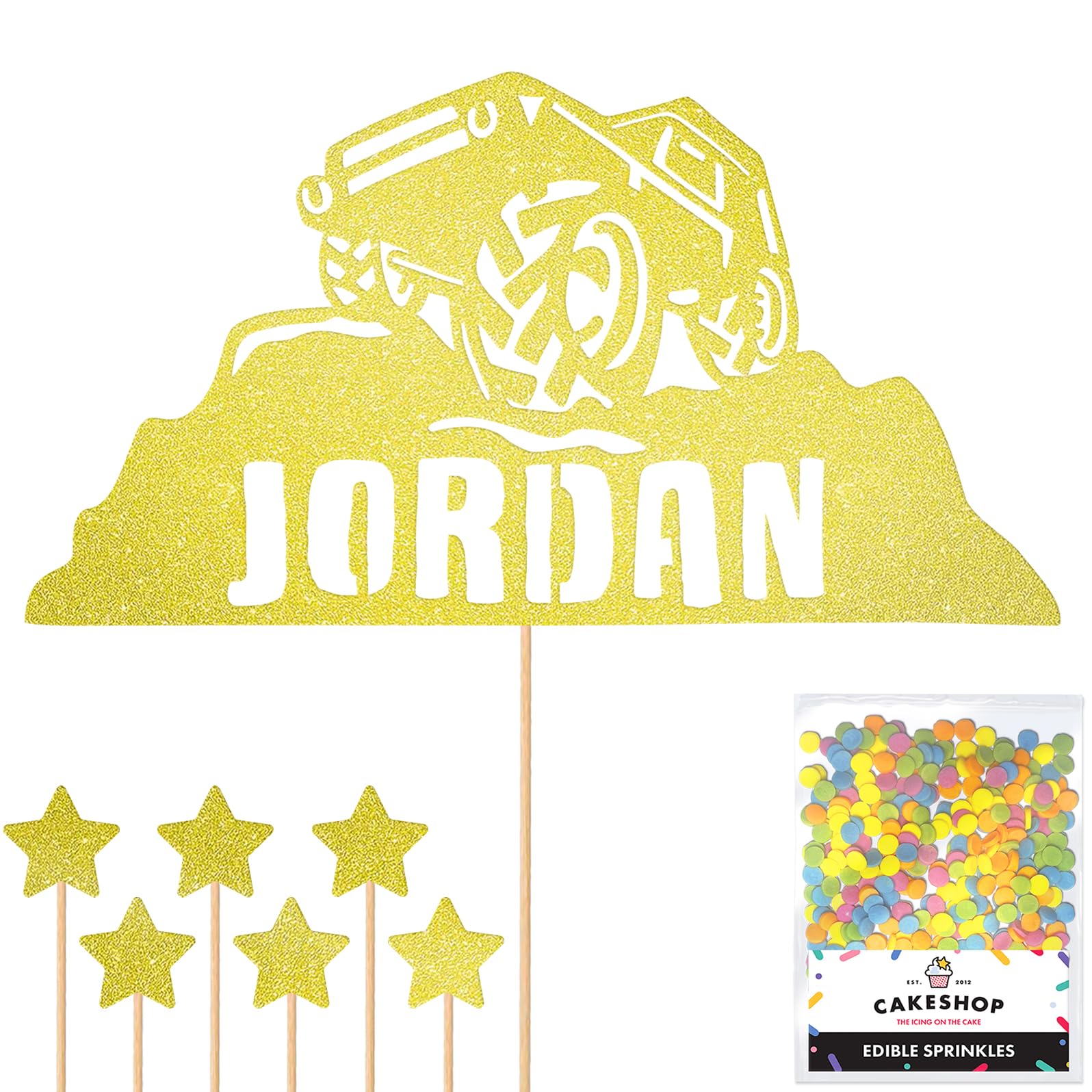 Personalised Off-Road Land Rover Jeep Glitter Topper - Champagne Custom Name 4x4 Glitter Cake Decoration and Sprinkles - Happy Birthday Decorations - Personalised Toppers for Cakes by Cakeshop