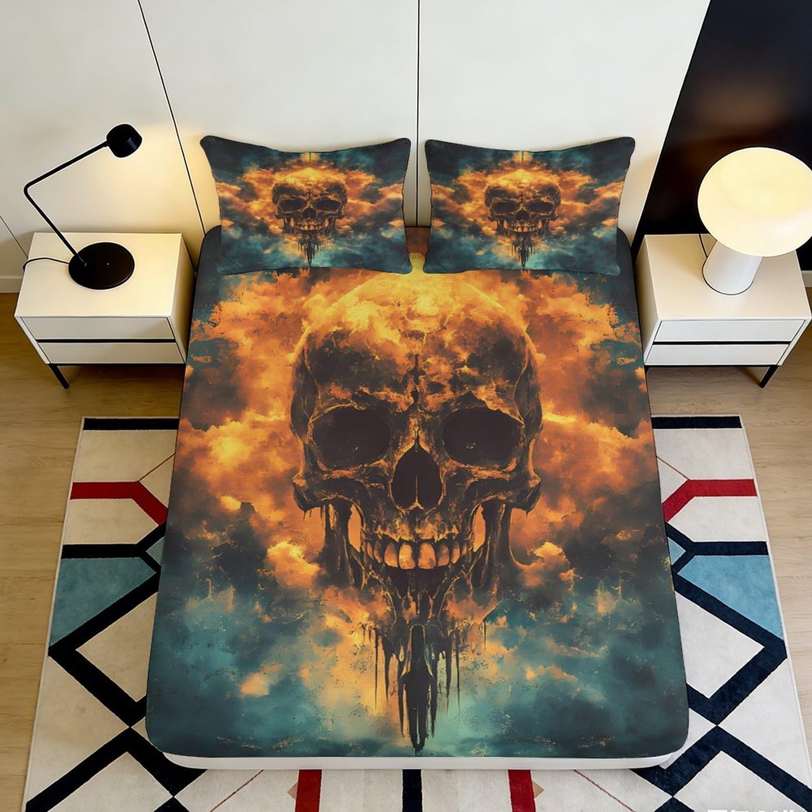 3D Printed Flame Skull Fitted Sheet Microfiber Deep Pocket Bedroom Bedding Flame Skull Mattress Fitted Cover Non-Slip Washable 160x200x25cm