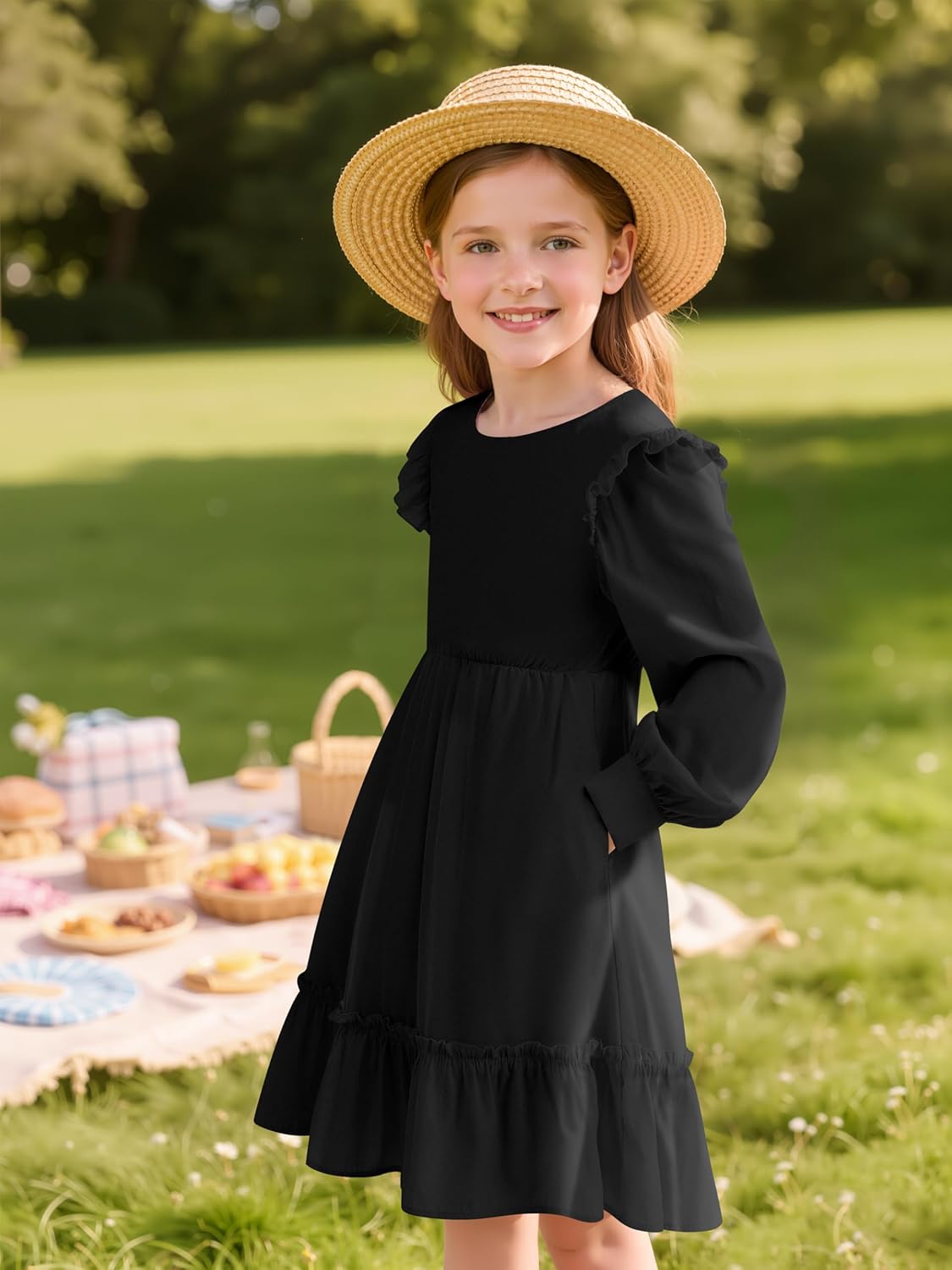 Cubear Girls Fall Dress Tie Back Long Sleeve Ruffle Square Neck A Line Swing Casual Dresses, 5-14 Years Old - Image 2