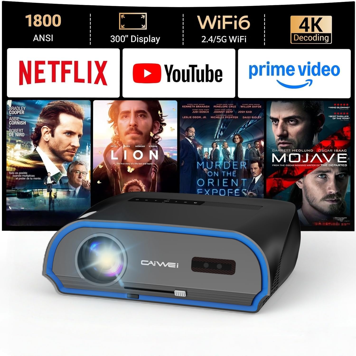 High Bright Projector 1800 ANSI Lumens, HDR10+, 4K Support, WiFi6 & Bluetooth, Smart Android TV with Apps, HDMI/ USB, for Daylight Viewing, Low Input Lag Gaming, Silent Bedroom, Wireless Presentation-image-36