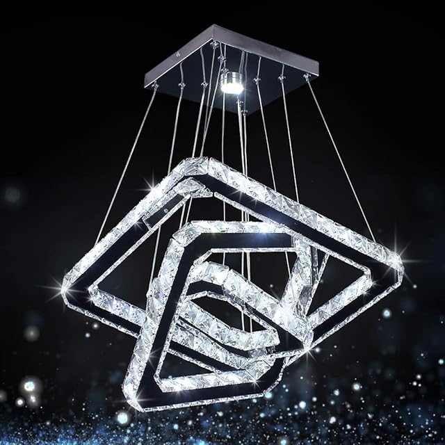 Modern Crystal Chandeliers LED Square Rings Pendant Lights Adjustable Height Ceiling Lamp for Dinning Room Bedroom Kitchen (Cool White,Silver)