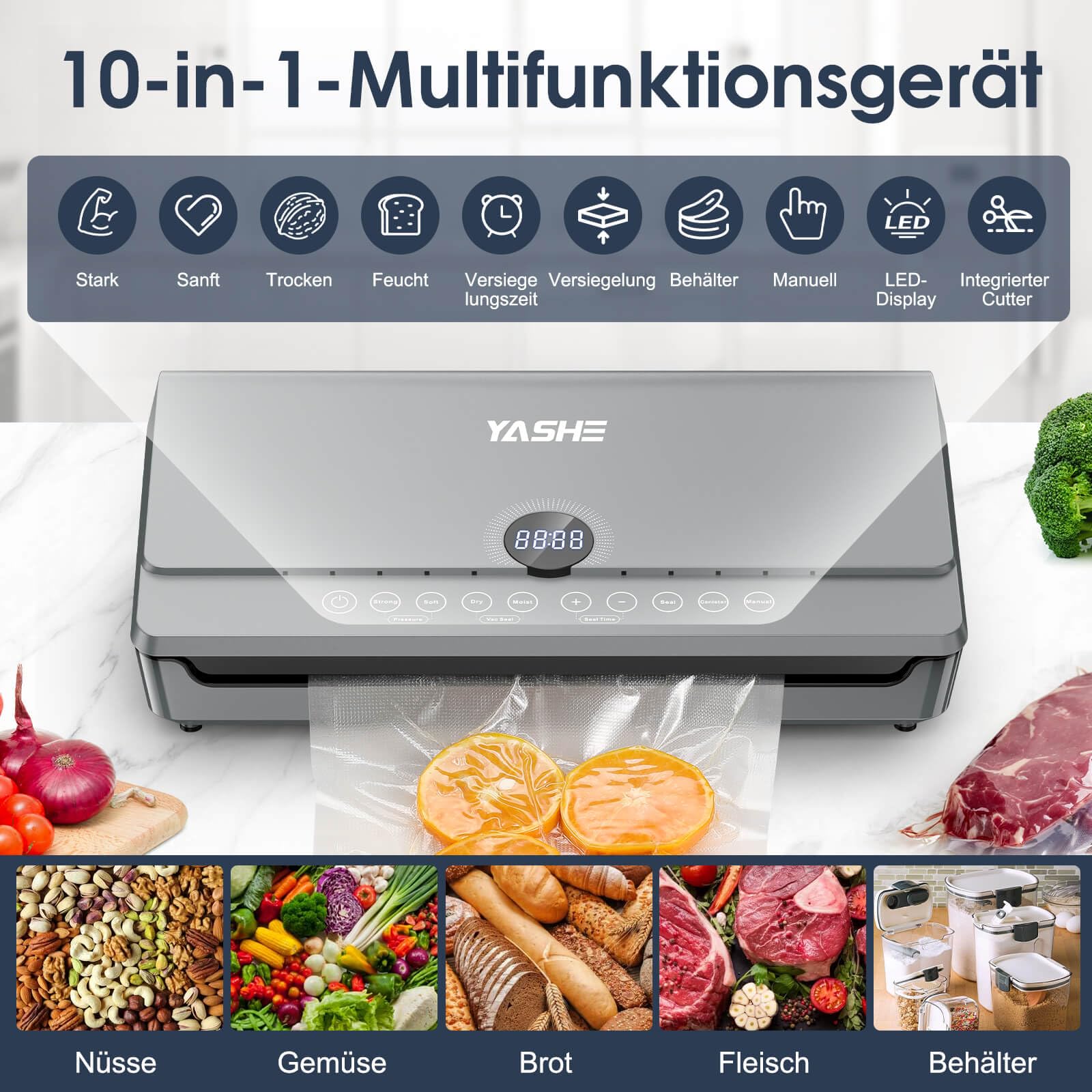 YASHE 80KPA Vakuumiergerät mit Magnetischem Deckel, 10-in-1 Vakuumierer mit Doppelte Schweißnaht und Doppelte Kolbenpumpe, Integrierte Rollenaufbewahrung Vakumierergerät für Lebensmittel