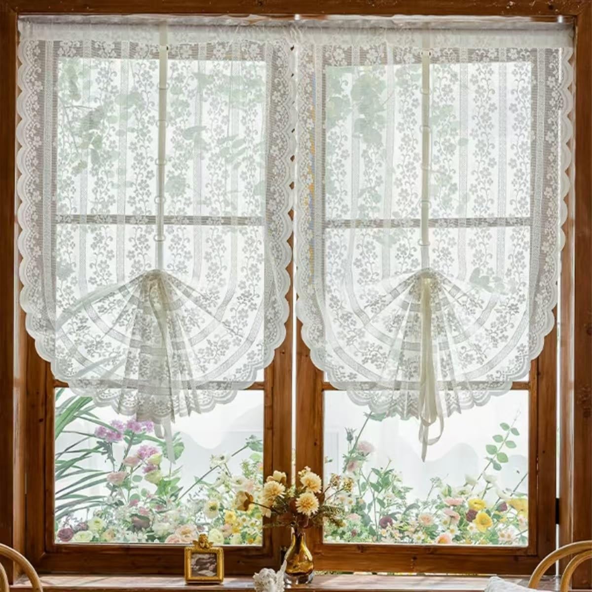2er Gardine Scheibengardinen Voile Vorhang Gardine Transparente Spitze Blumenstickerei Kurzvorhang Kurzgardinen Küchengardine Küche Vorhang Fenster Kurz Stores Bistrogardine H150xB60cm, Weiß