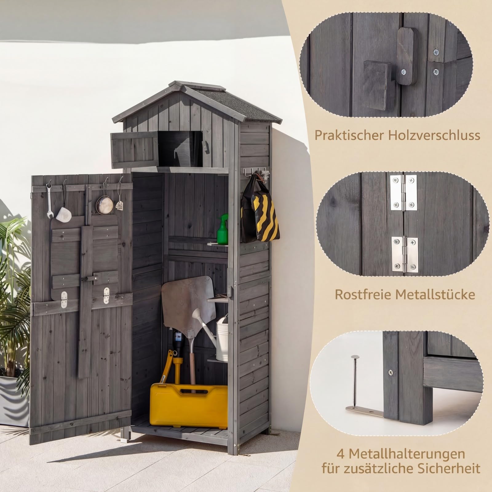RELAX4LIFE Gerätehaus Holz, 75 x 50 x 180,5 cm, Gartenschrank mit Satteldach, Geräteschrank mit 8 Haken & 3 Regalen & Faltbarem Tisch & Oberem Fach, Gartenhaus Wetterfest für Außenbereich (Grau)