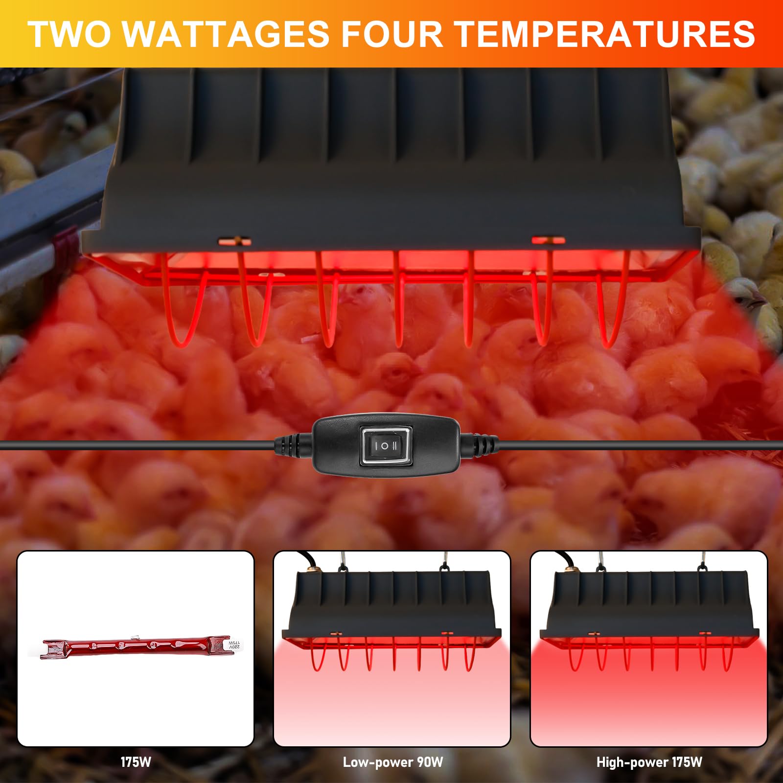 Lámpara de calor de 1,8 m, con enchufe de la UE, lámpara de luz roja con interruptor, lámpara de calor para animales, lámpara de infrarrojos para pollitos, lechones, cachorros, etc. (175 W)