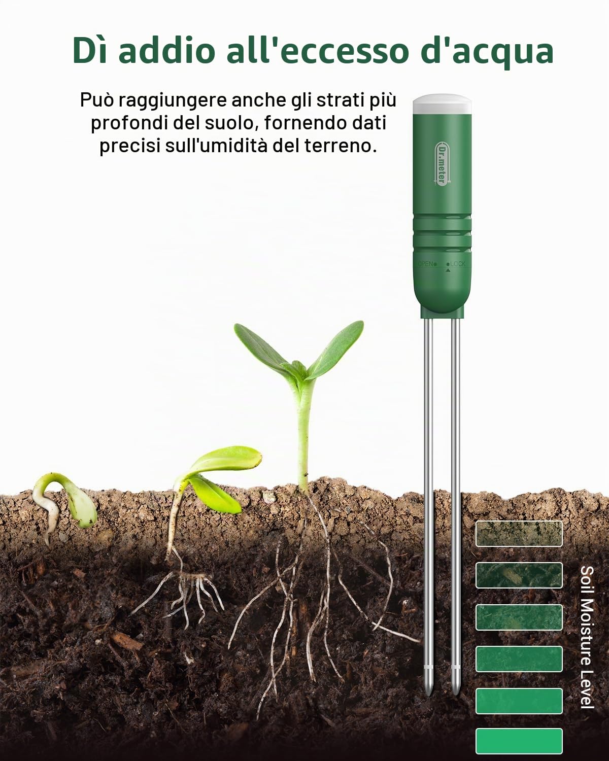 Dr.meter Misuratore umidità Terreno, 4 in 1 Igrometro Piante Tester del Suolo/Temperatura/Luce/Tempo con Display LCD Digitale per Giardinaggio, Agricoltura, Piante (Batteria Non Inclusa)