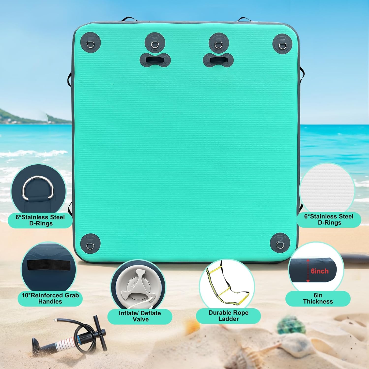 Floating Dock Inflatable Platform, 6/8 Inch Thick Multi-Person Swim Inflatable Floating Dock Floats with Storage Bag for Beach Lake Boating Pool