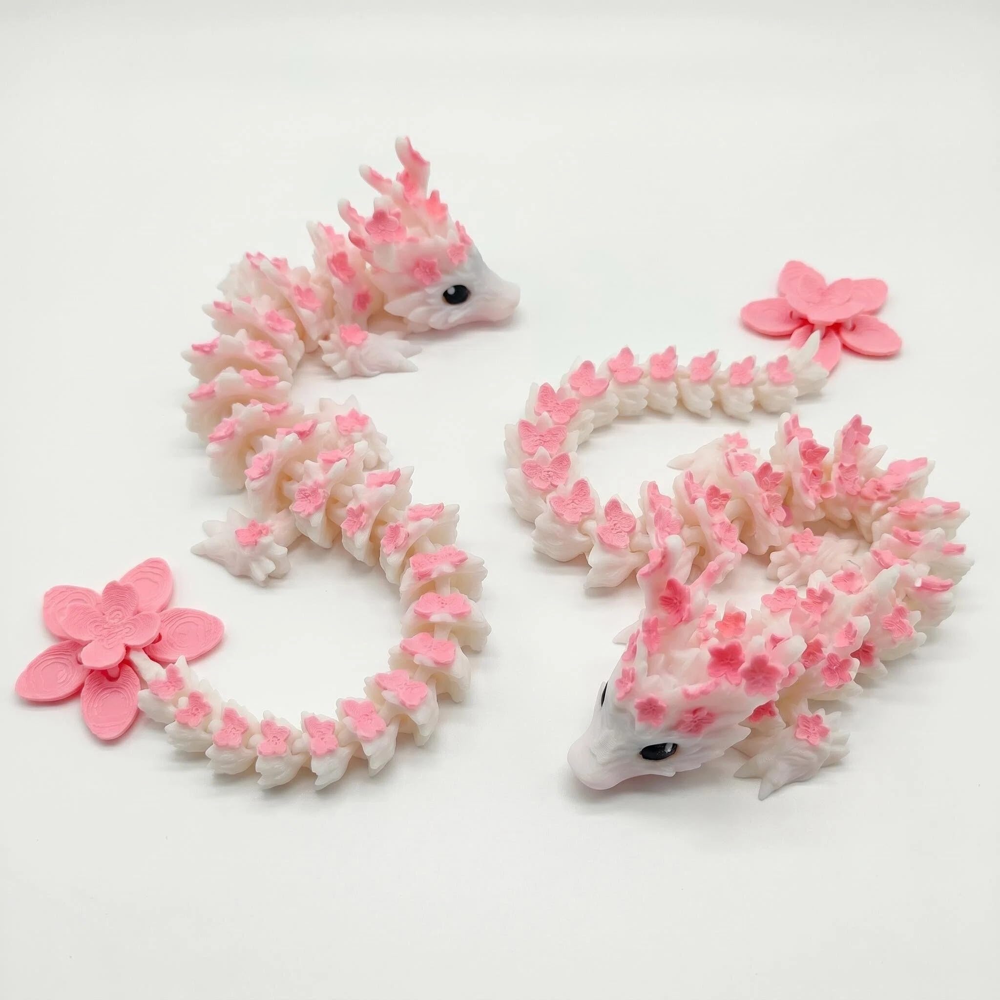 2 Pack 3D Printed Dragon with Cherry Blossom, Articulated Flexible Dragon Fidget Toy