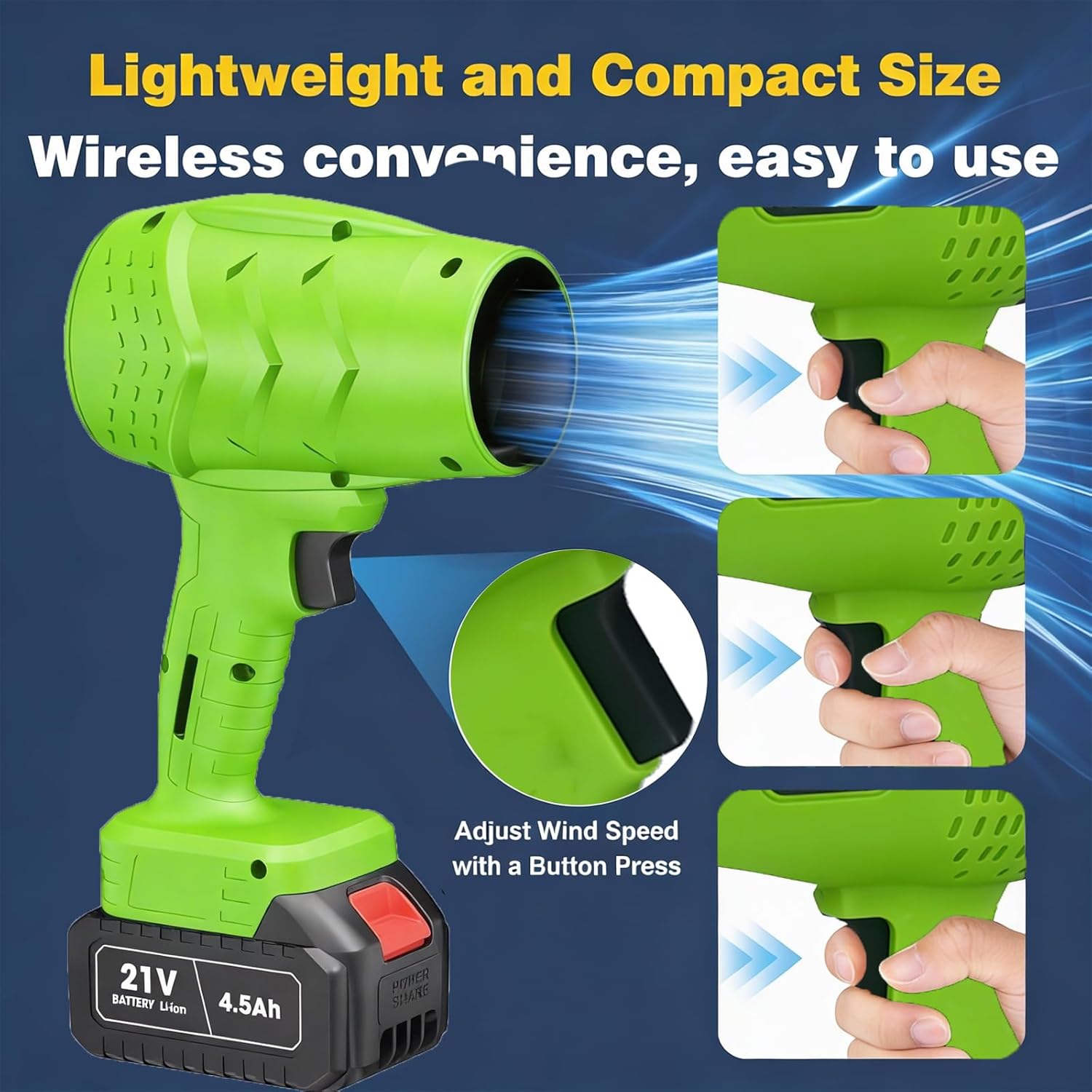 Electric Leaf Blower, Handheld Car Vacuum Cleaner, Wind Speed Cordless Battery Blower with 2 Rechargeable Batteries and Charger, Powered Handheld Blower Leaf, for Yard Leaf & Snow Removal(Lime)