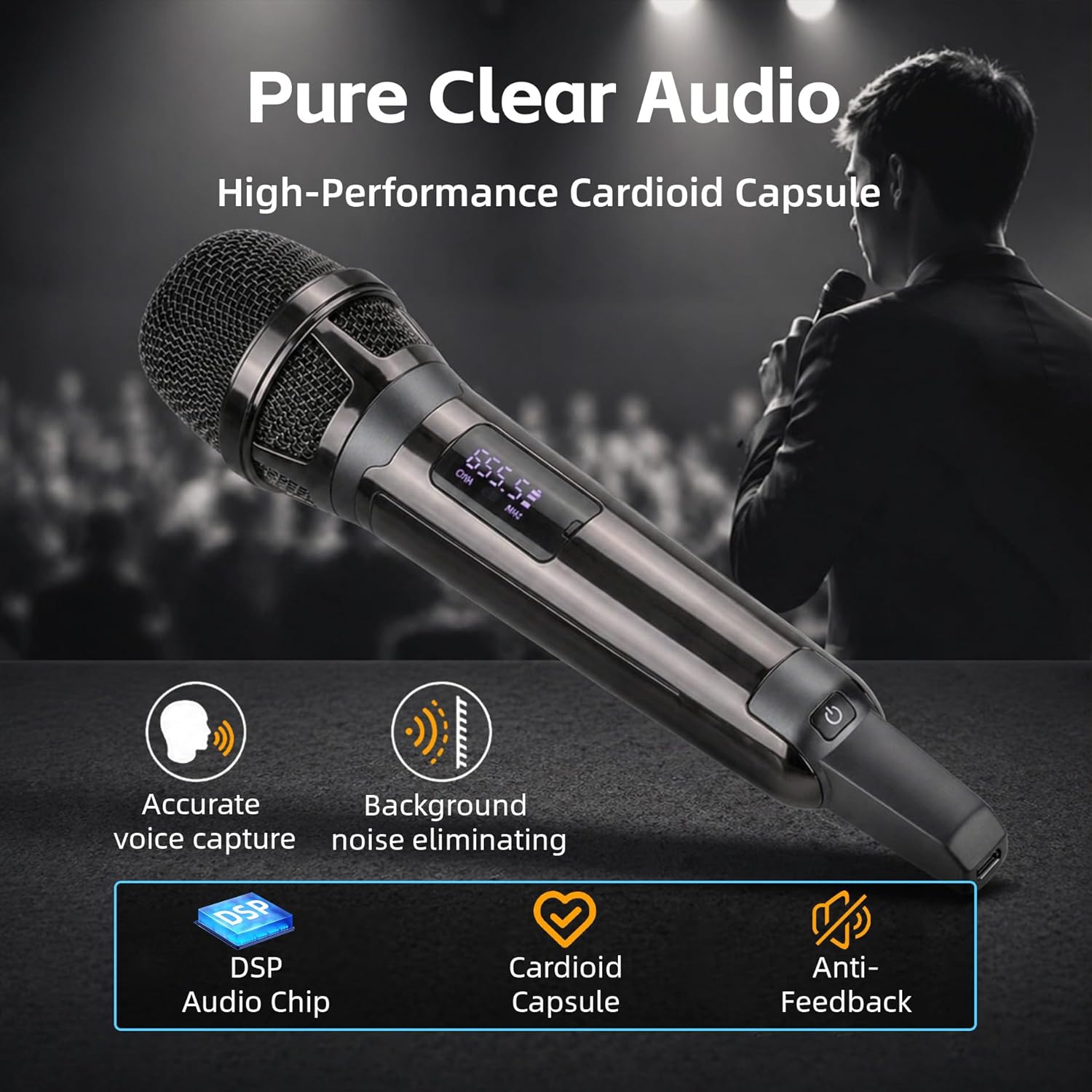 Wireless Microphones for Karaoke Singing, Professional Dual Cordless Mic System , 500ft Long Range Dual Handheld Cordless& LED Display, Dynamic Karaoke Microphone for Singing, DJ, Church, Party