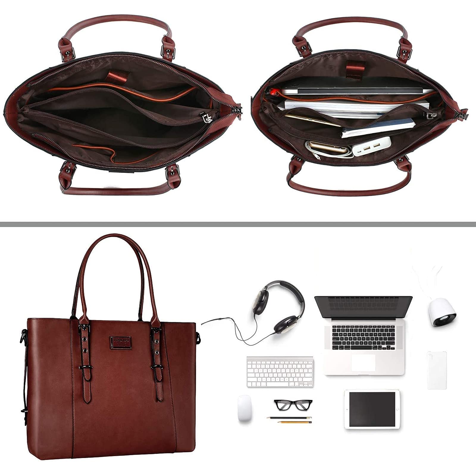 MOSISO Borsa Tote Laptop 17-17,3 pollici, Borsa a Tracolla Pelle PU | Compatibile con MacBook e Notebook, Grande Capacita con Scomparto Imbottito, Marrone
