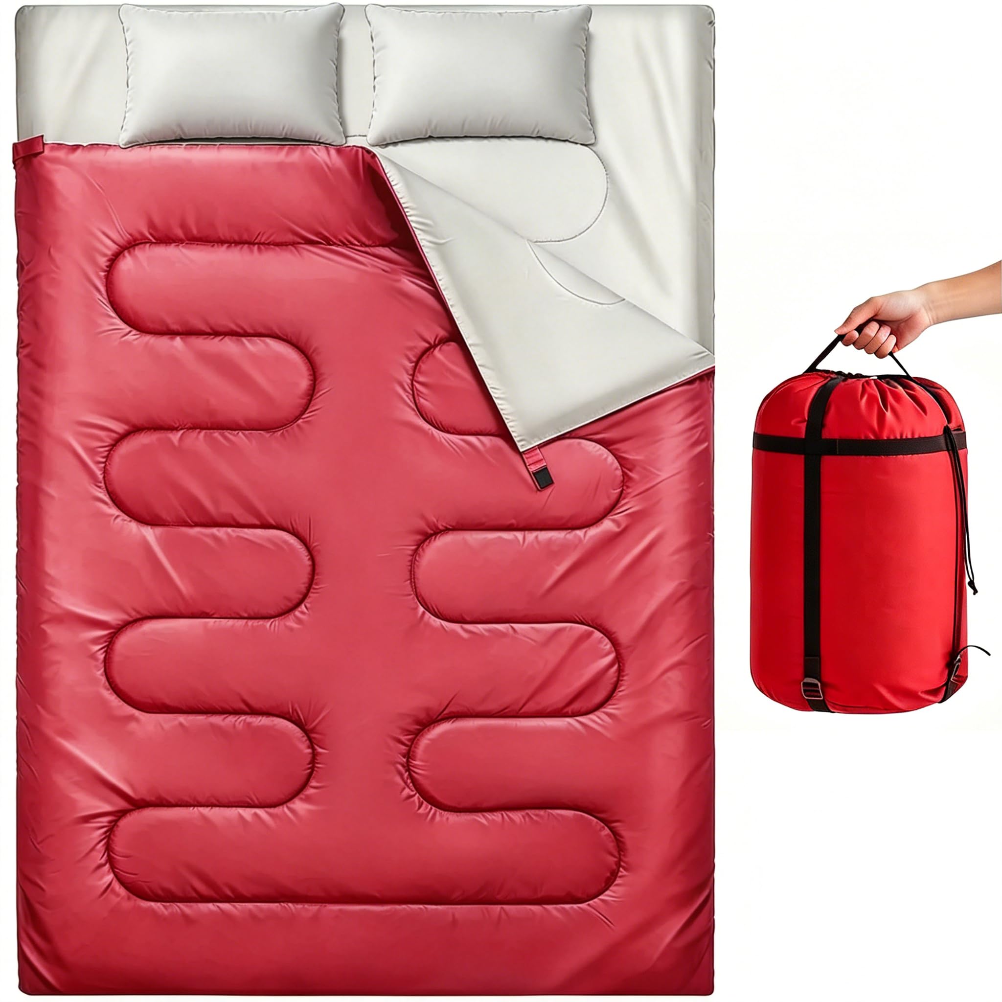 Double Sleeping Bag with 2 Pillows, Large Sleeping Bags for Adults and Kids